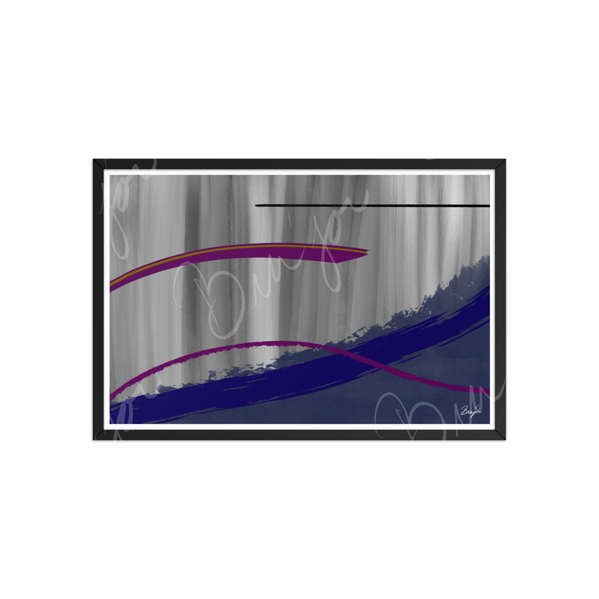 20x30 Black Framed Abstract artwork titled Reworking designed by the digital abstract artist Bra'jor. Artwork includes the colors Purple, Gray, Blue, Mustard Yellow, and Black