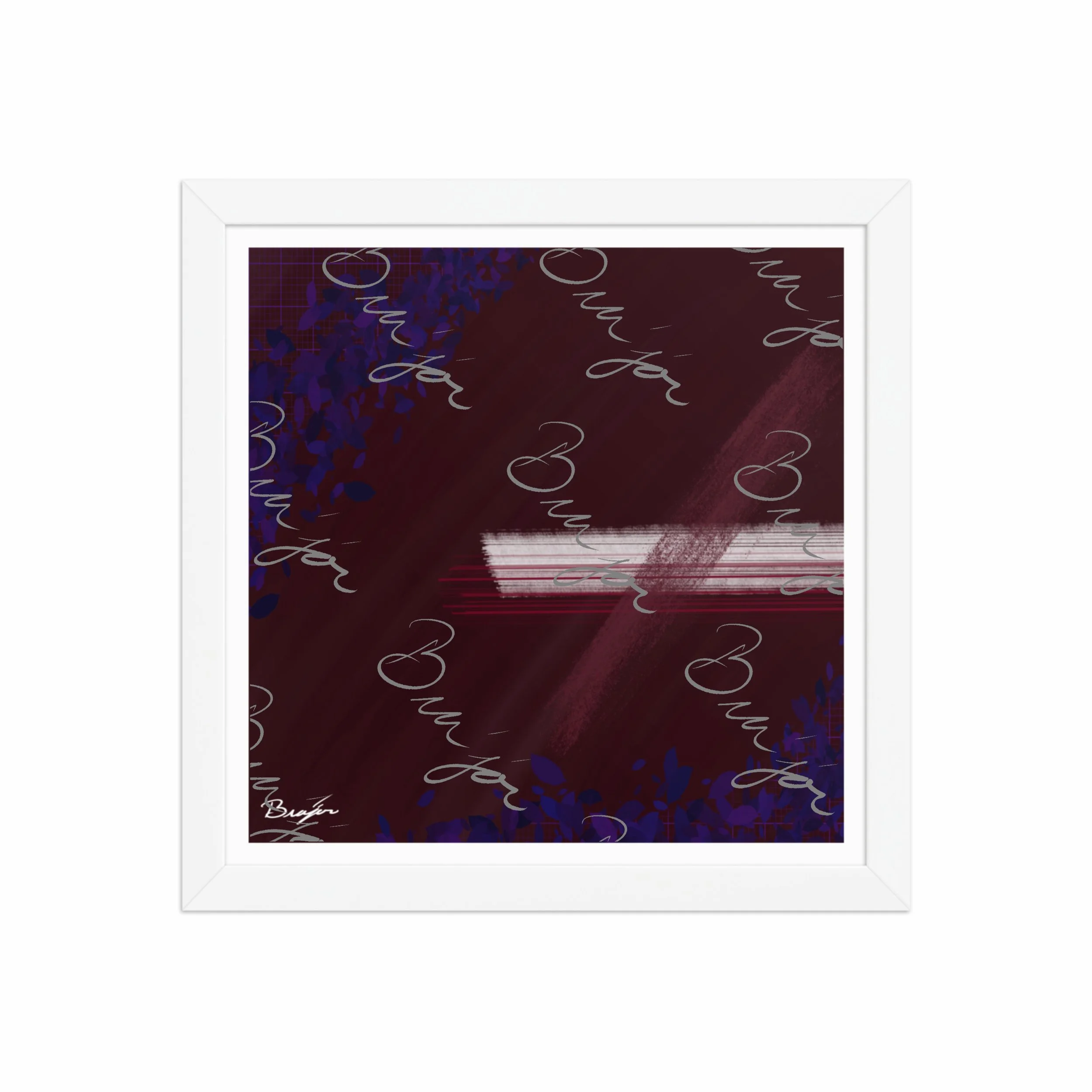 12x12 White framed abstract artwork titled Guarded designed by the digital abstract artist Bra'jor. Artwork includes the colors Maroon, Black, Blue, and White