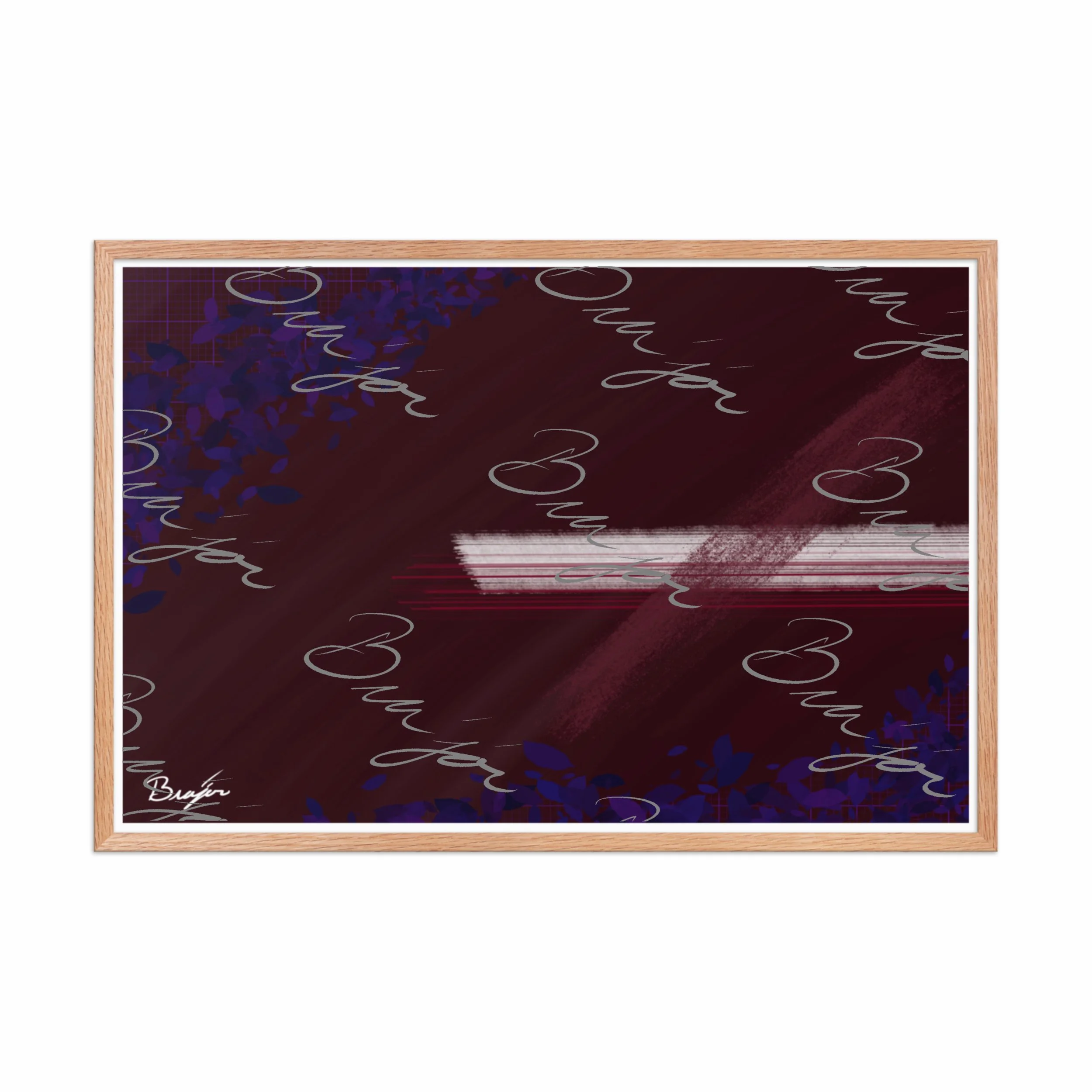 24x36 Red Oak framed abstract artwork titled Guarded designed by the digital abstract artist Bra'jor. Artwork includes the colors Maroon, Black, Blue, and White