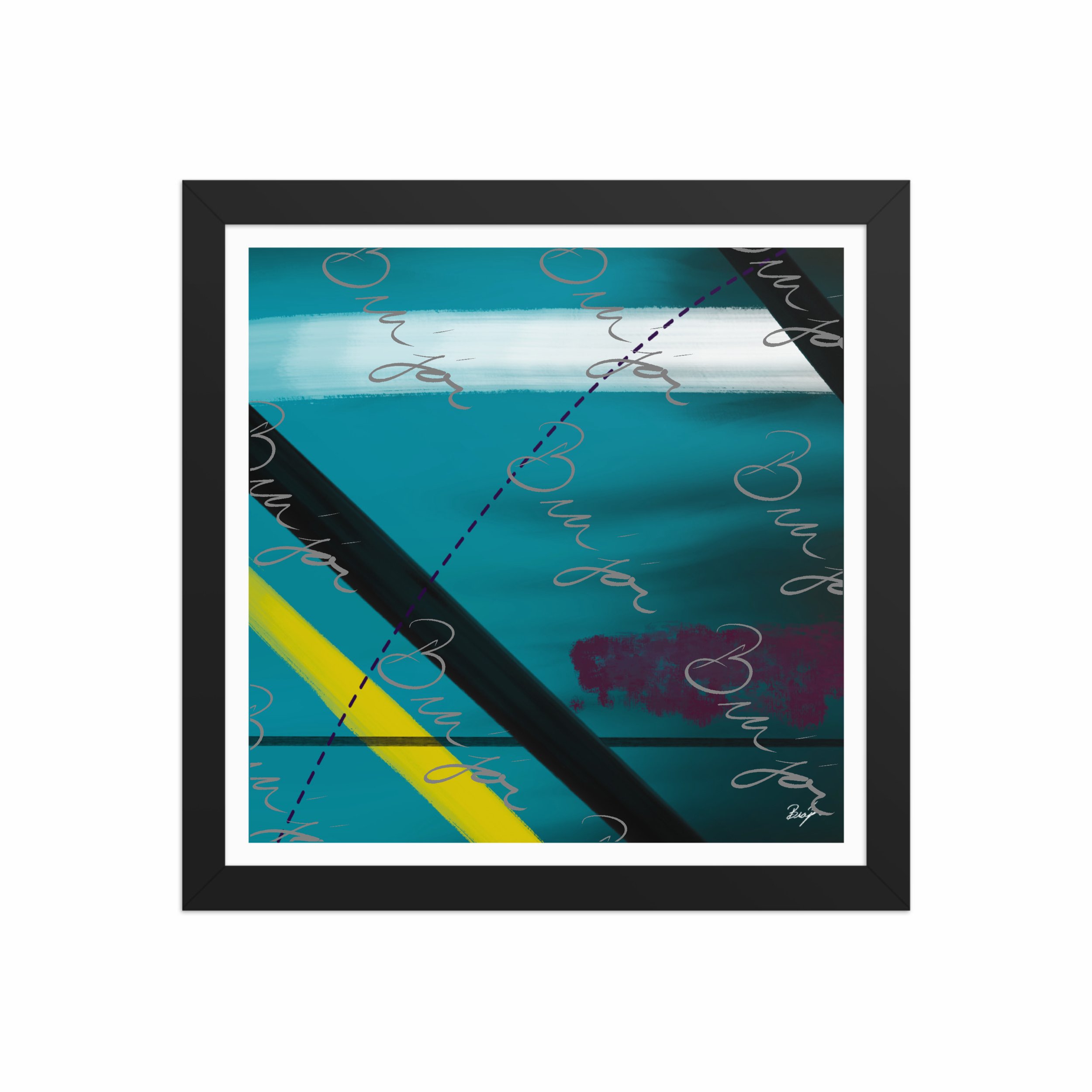 12x12 Black Framed Abstract artwork titled First designed by the digital abstract artist Bra'jor. Artwork includes the colors Blue, Yellow, Black, Purple, and White