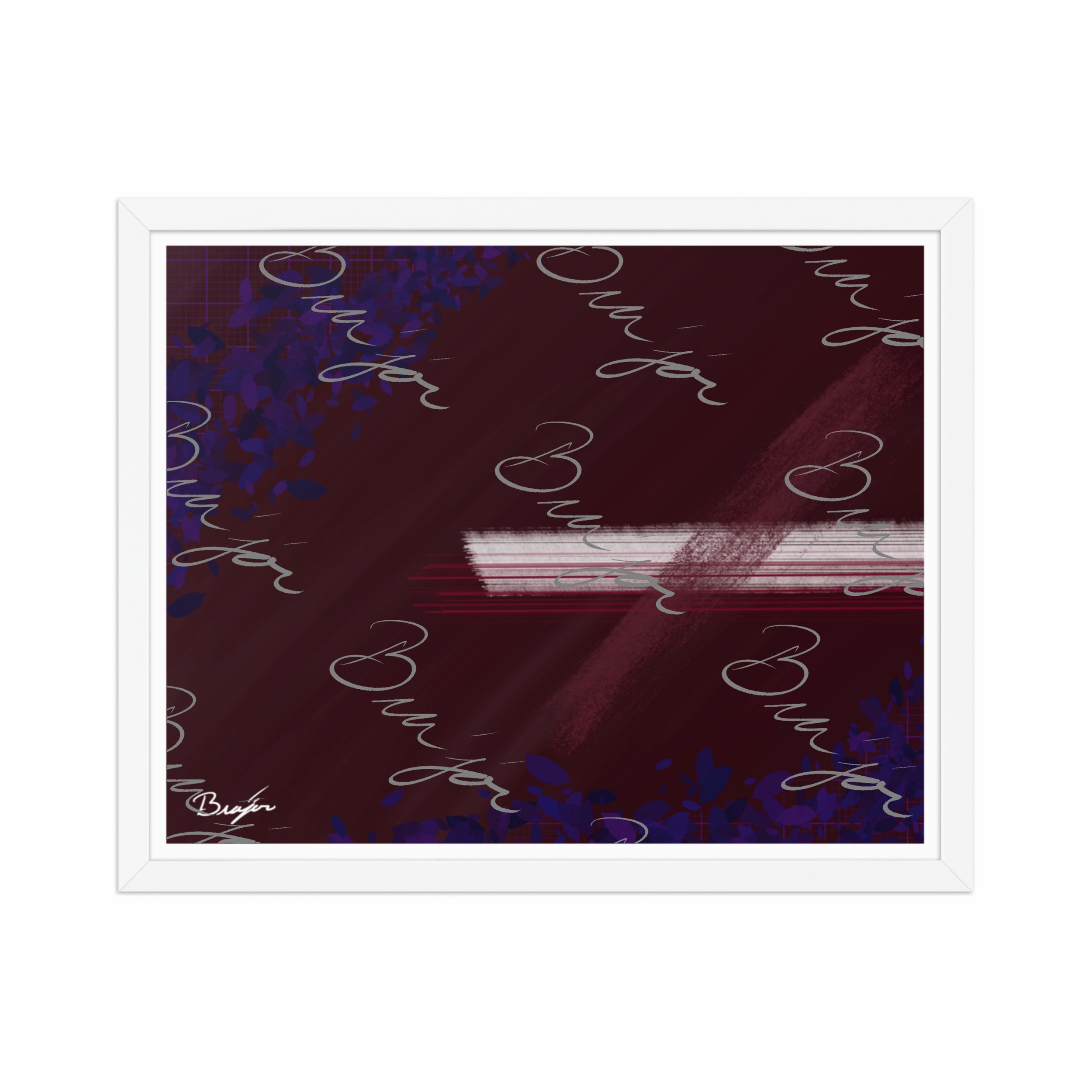 16x20 White framed abstract artwork titled Guarded designed by the digital abstract artist Bra'jor. Artwork includes the colors Maroon, Black, Blue, and White