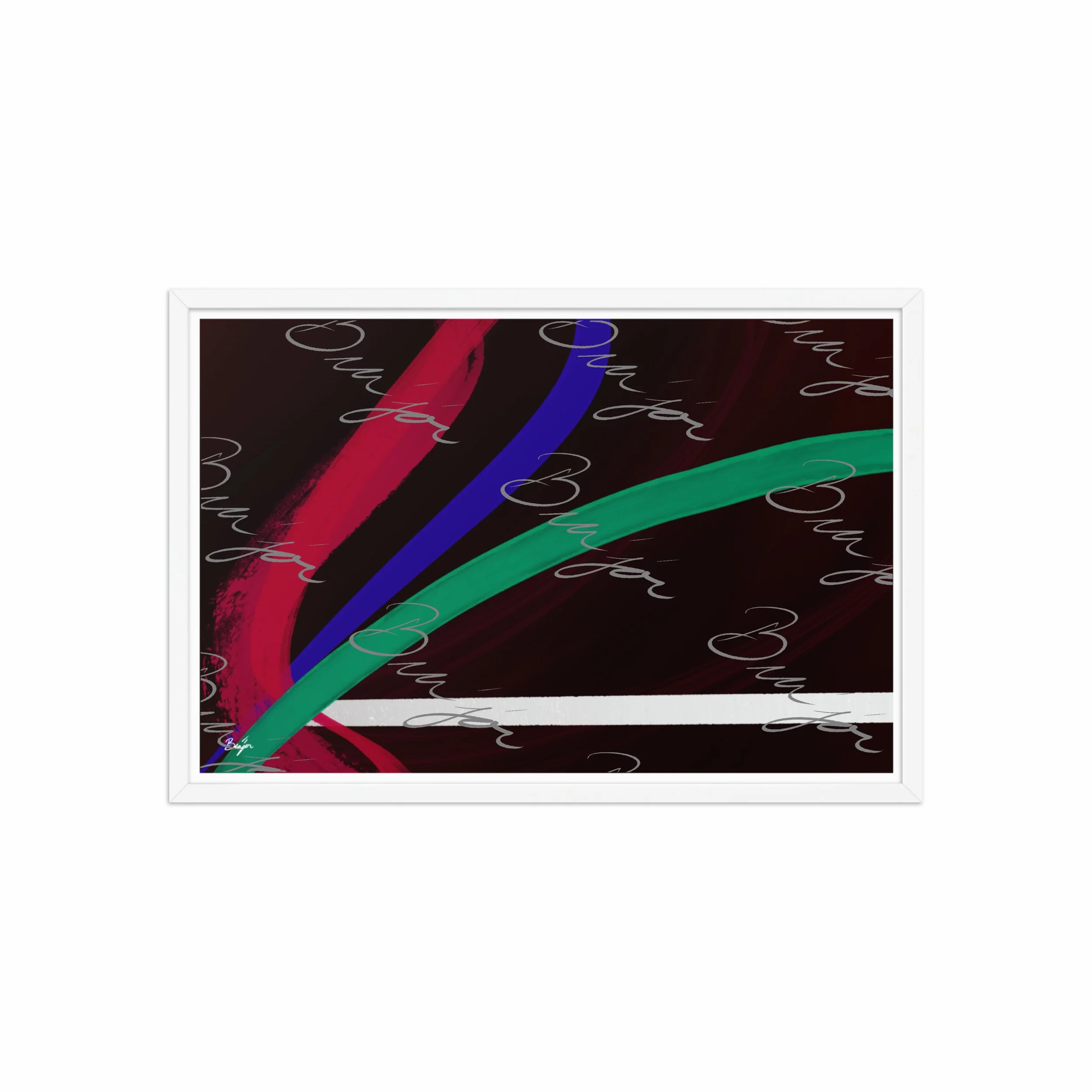 20x30 White Framed Abstract artwork titled Journey designed by the digital abstract artist Bra'jor. Artwork includes the colors Red, White, Green, and Blue