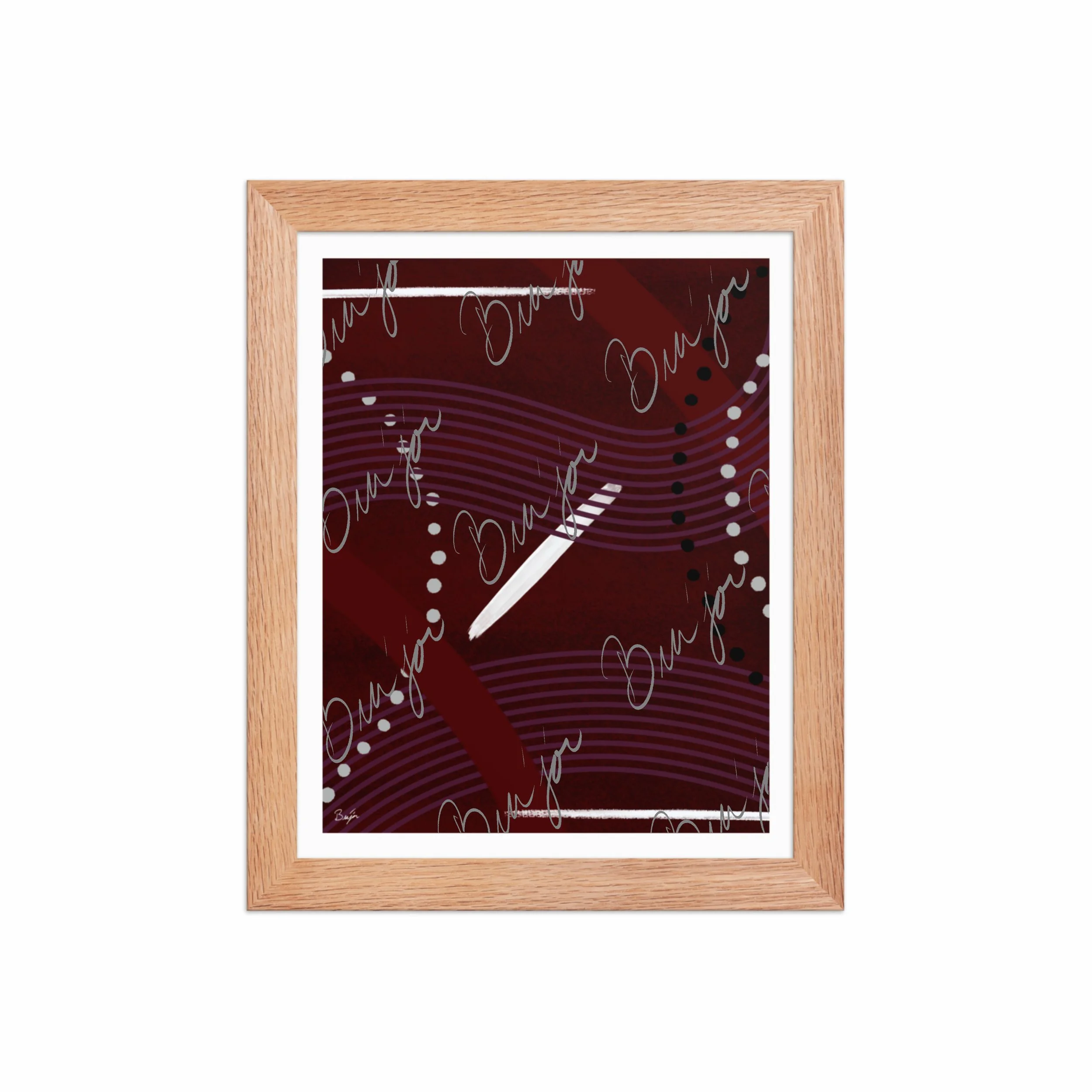 8x10 Red Oak Framed Abstract artwork titled Memories designed by the digital abstract artist Bra'jor. Artwork includes the colors Black, White, Maroon, Purple, and Gray