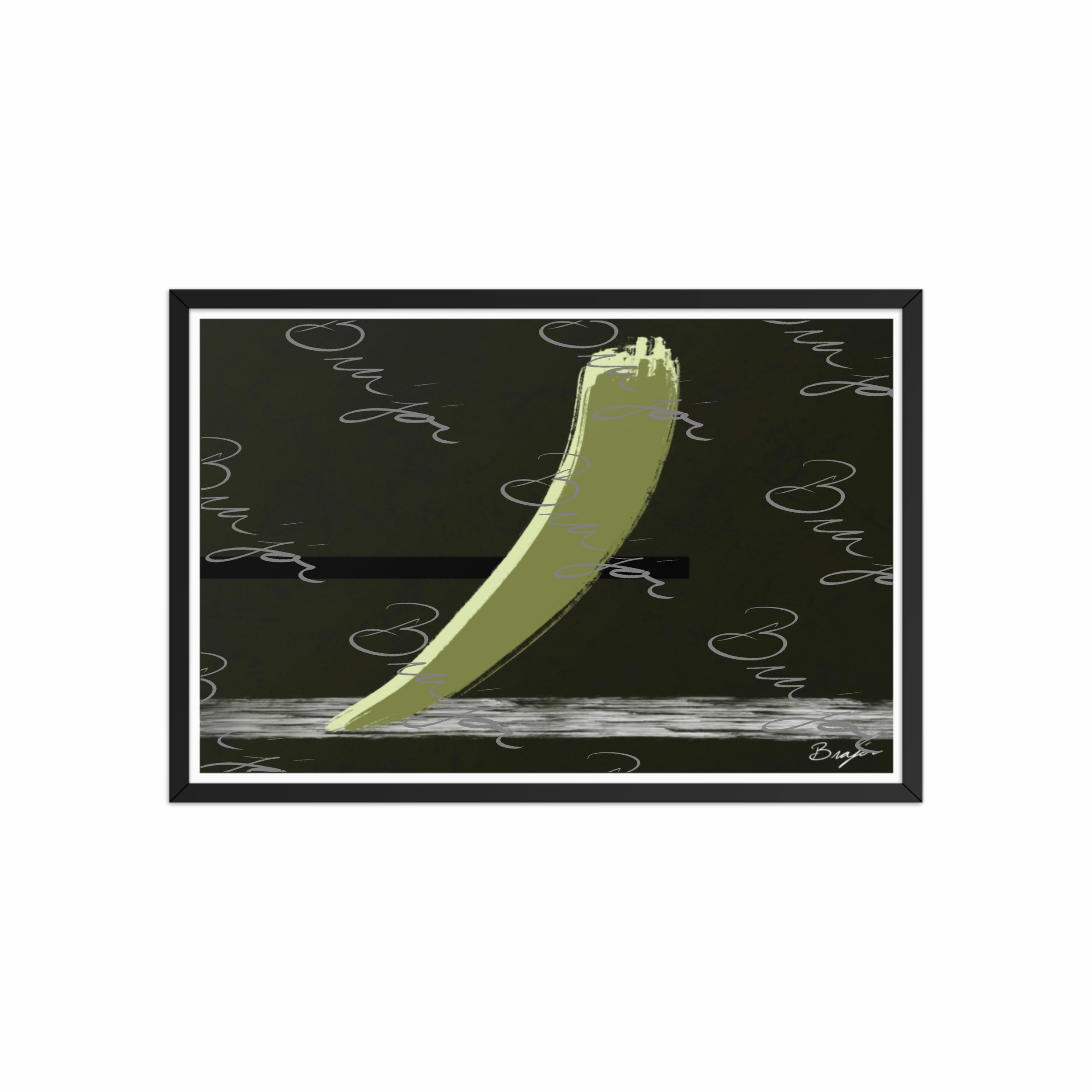 20x30 Black Framed abstract artwork titled Drift designed by the digital abstract artist Bra'jor. Artwork includes the colors Green in multiple shades, Black,  White, and Gray