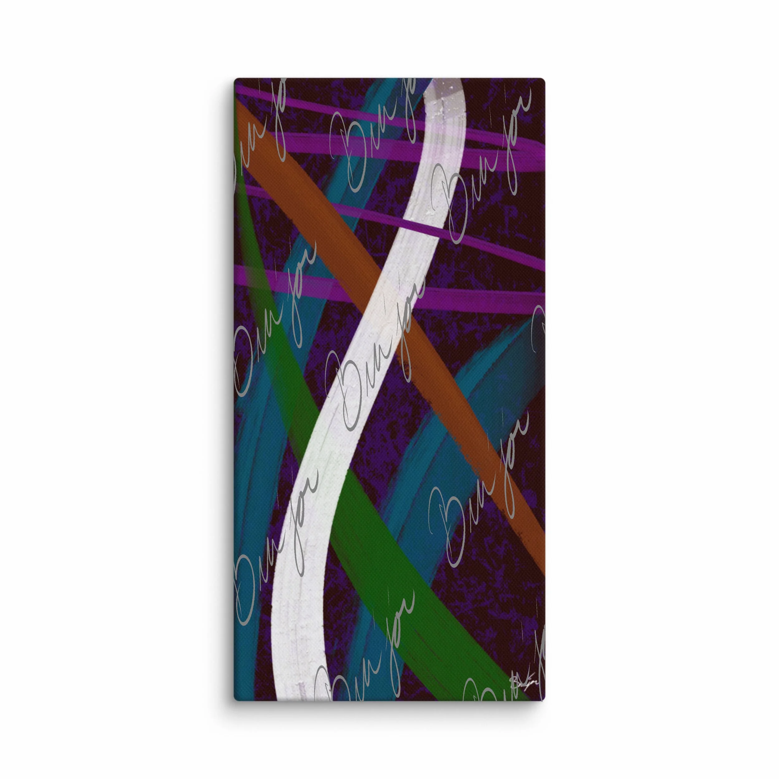 10x20 Canvas abstract artwork titled Adventures designed by the digital abstract artist Bra'jor. Artwork includes the colors Purple, Blue, Orange, and White