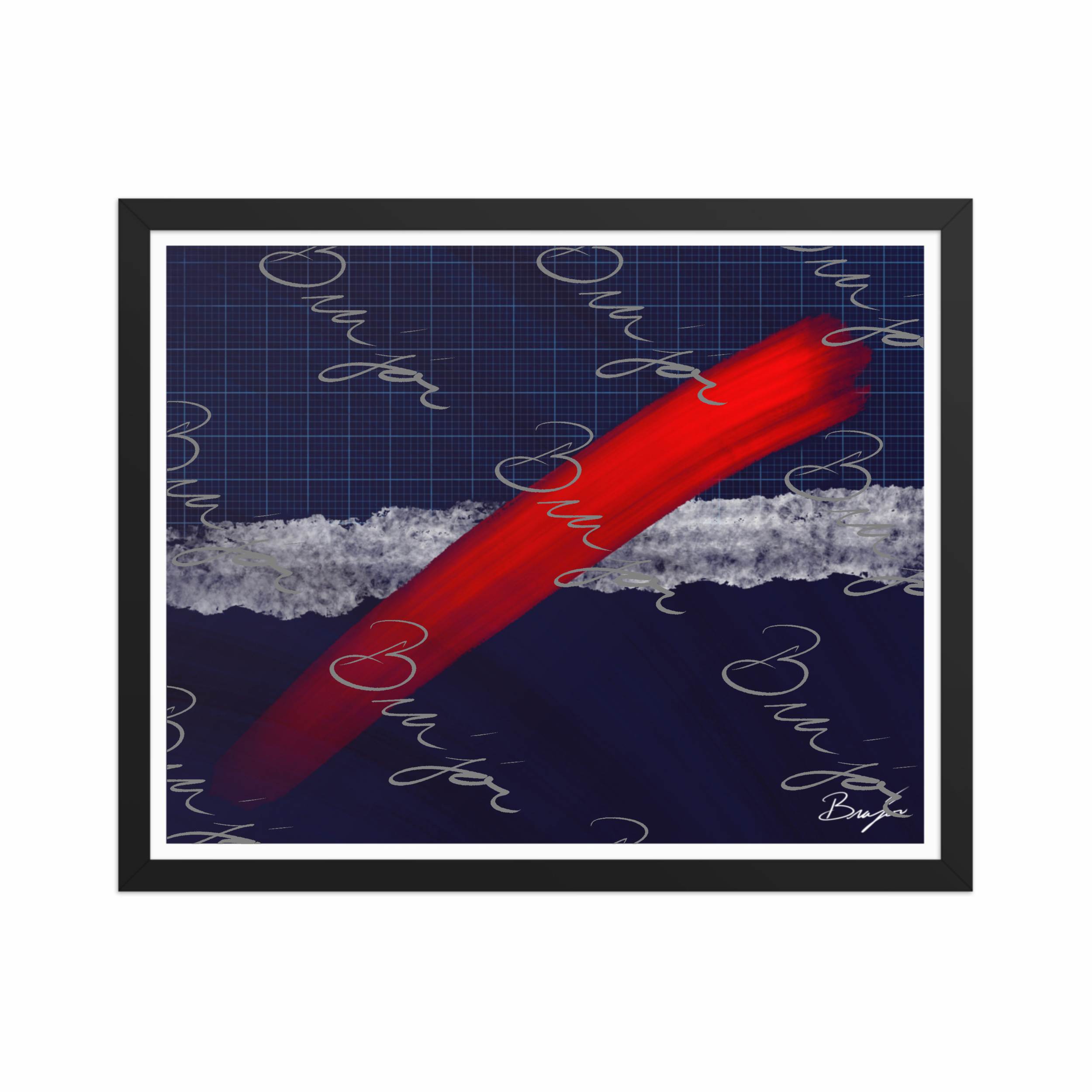 16x20 Black Framed abstract artwork titled Strike designed by the digital abstract artist Bra'jor. Artwork includes the colors Red, Blue, white, and Gray