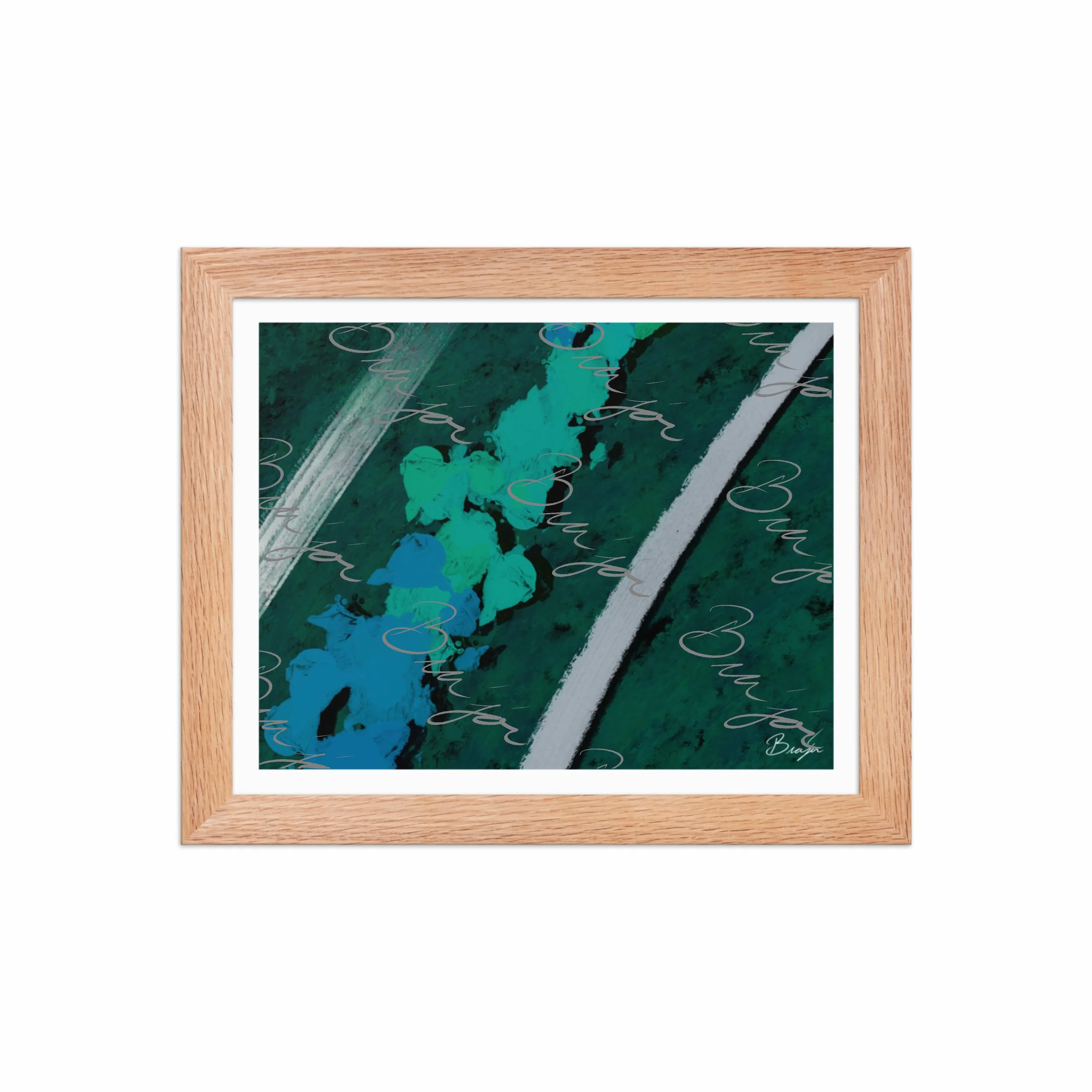 8x10 Red Oak Framed abstract artwork titled Breathe designed by the digital abstract artist Bra'jor. Artwork includes the colors Green, Blue, Black, and White