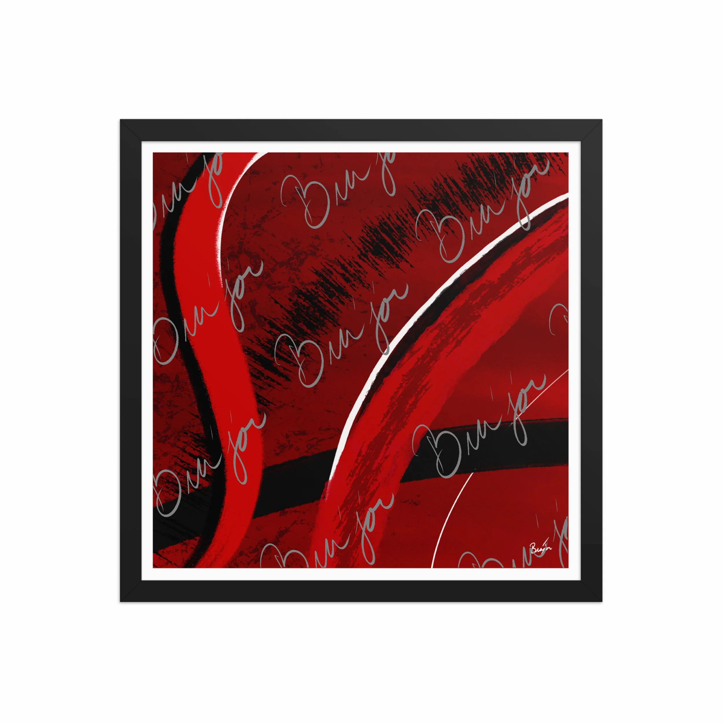 16x16 Black Framed Abstract artwork titled Feel designed by the digital abstract artist Bra'jor. Artwork includes the colors Red, Black, Blue, and White