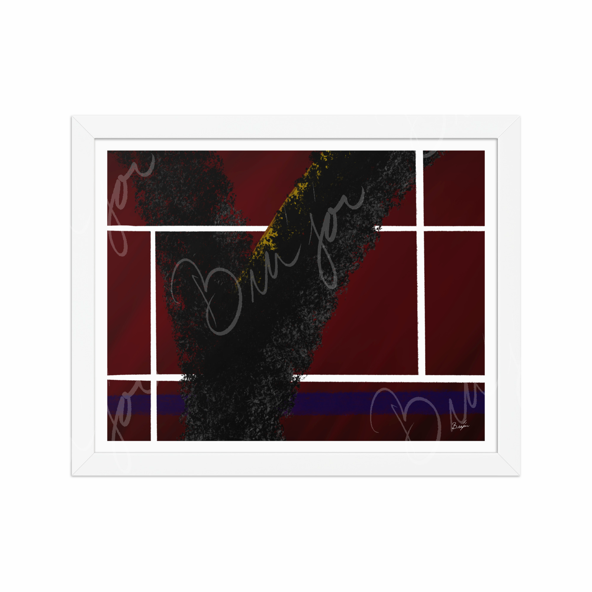 11x14 White Framed Abstract artwork titled Step Out designed by the digital abstract artist Bra'jor. Artwork includes the colors Red, White, Black, Yellow, and Blue