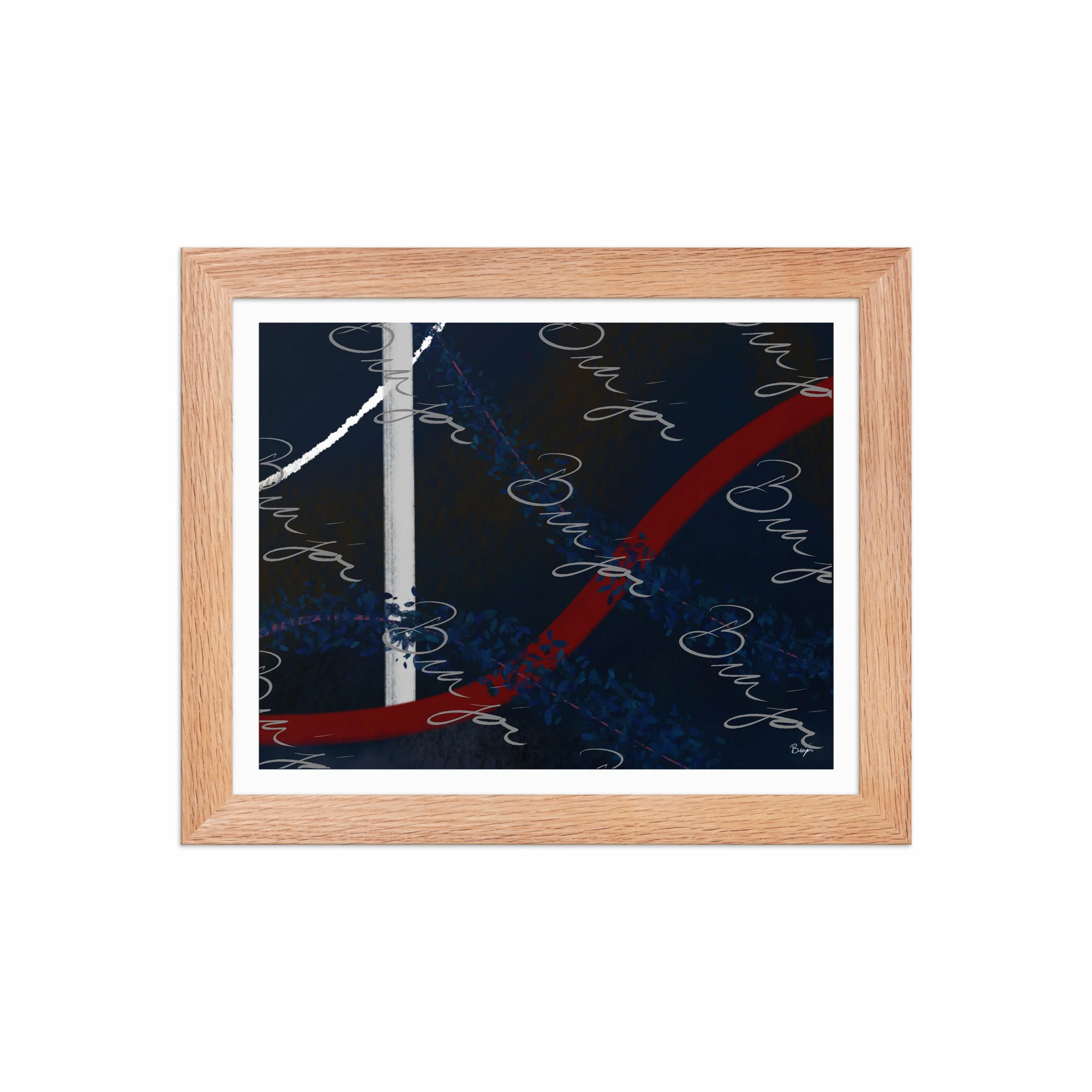 8x10 Red Oak Framed abstract artwork titled Gloomy II designed by the digital abstract artist Bra'jor. Artwork includes the colors Blue, Red, White, Pink, and Black
