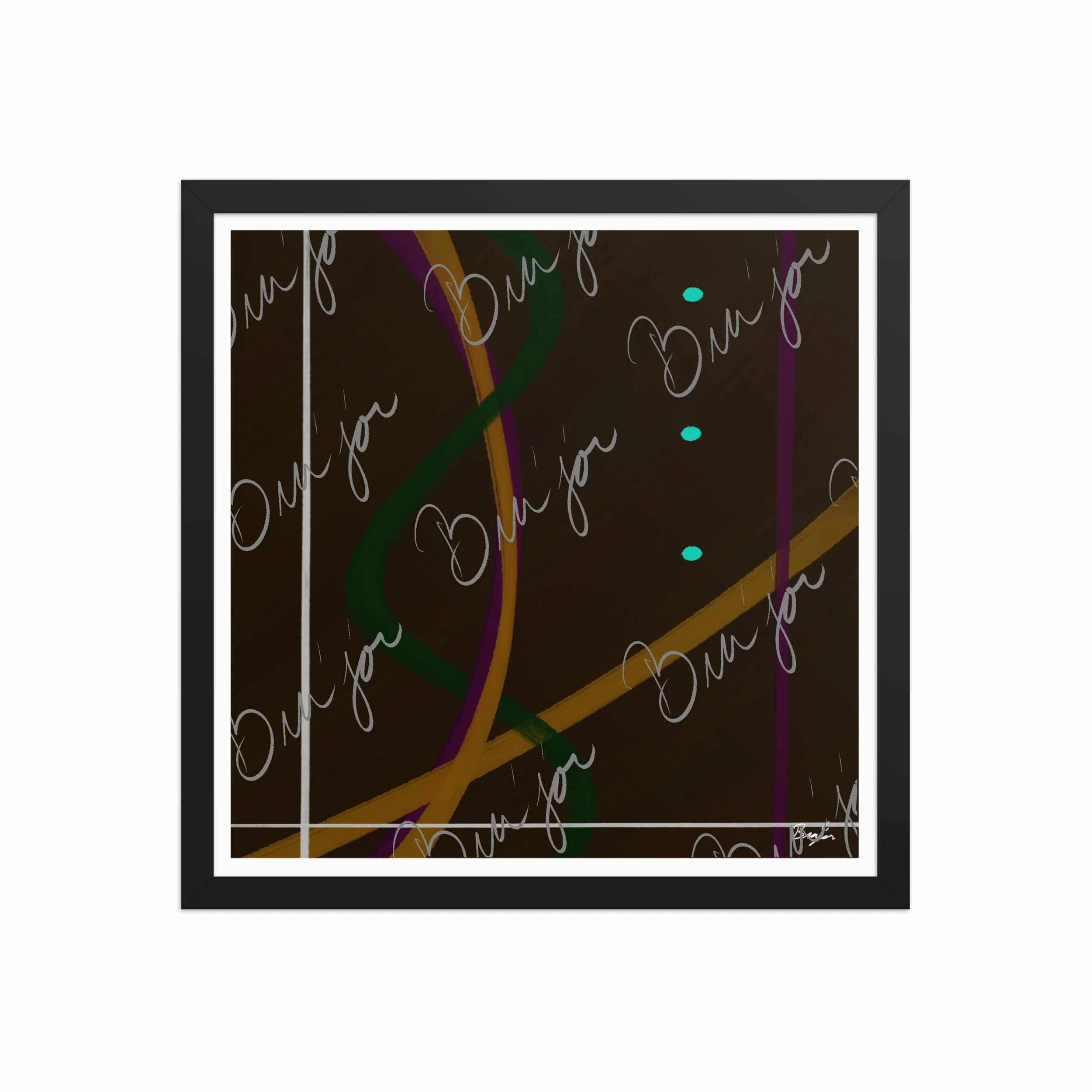 16x16 Black Framed Abstract artwork titled Button Up designed by the digital abstract artist Bra'jor. Artwork includes the colors Orange, Purple, Green, White, and Brown