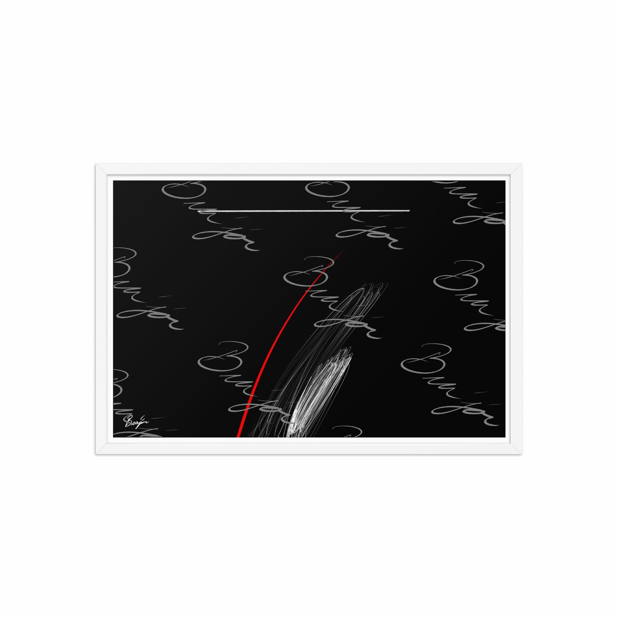 20x30 White Framed Self Titled Abstract artwork ‘Bra’jor’ designed by the digital abstract artist Bra'jor. Artwork includes the colors Black, Red, and White