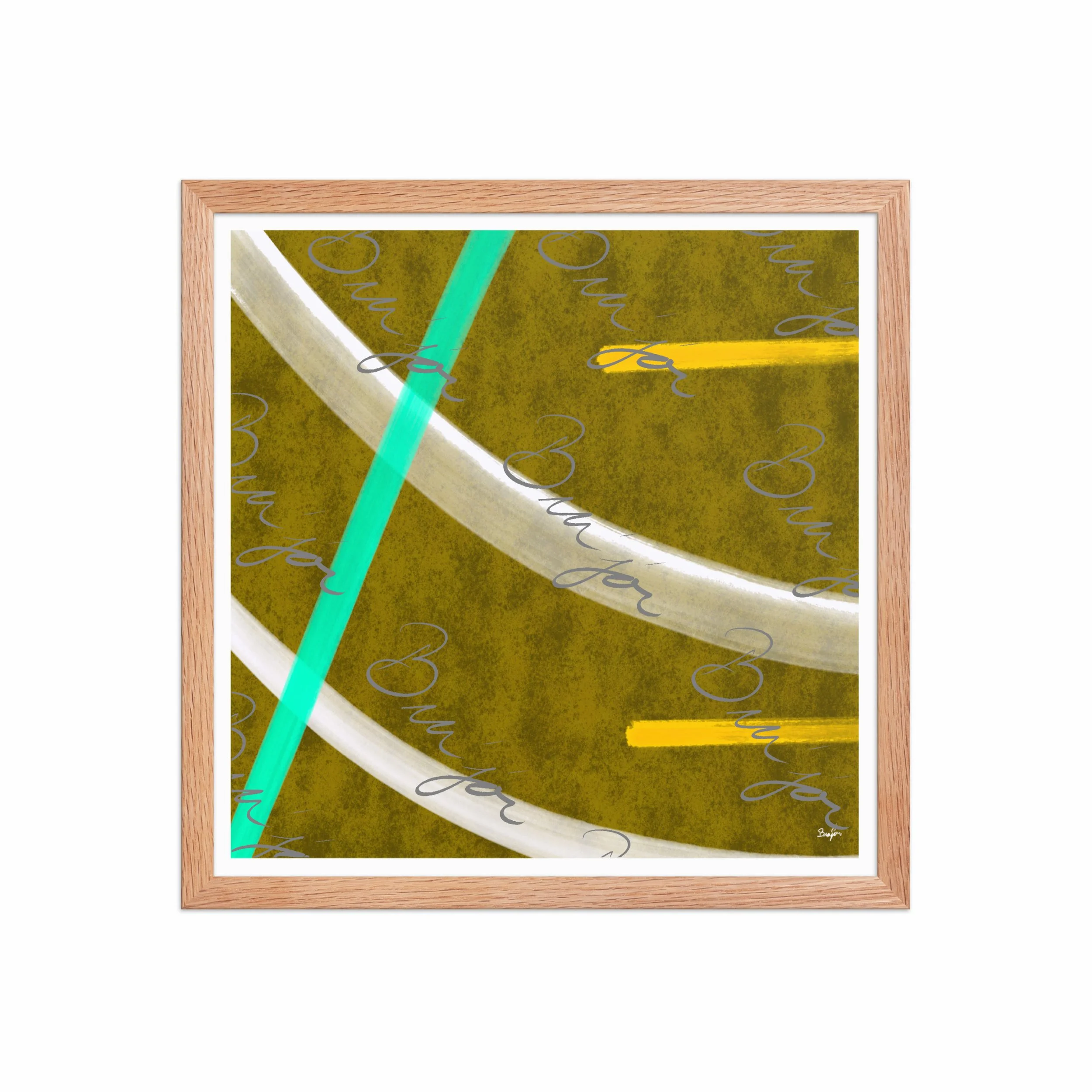 16x16 Red Oak Framed Abstract artwork titled Hushed designed by the digital abstract artist Bra'jor. Artwork includes the colors Orange, Yellow, White, and Blue