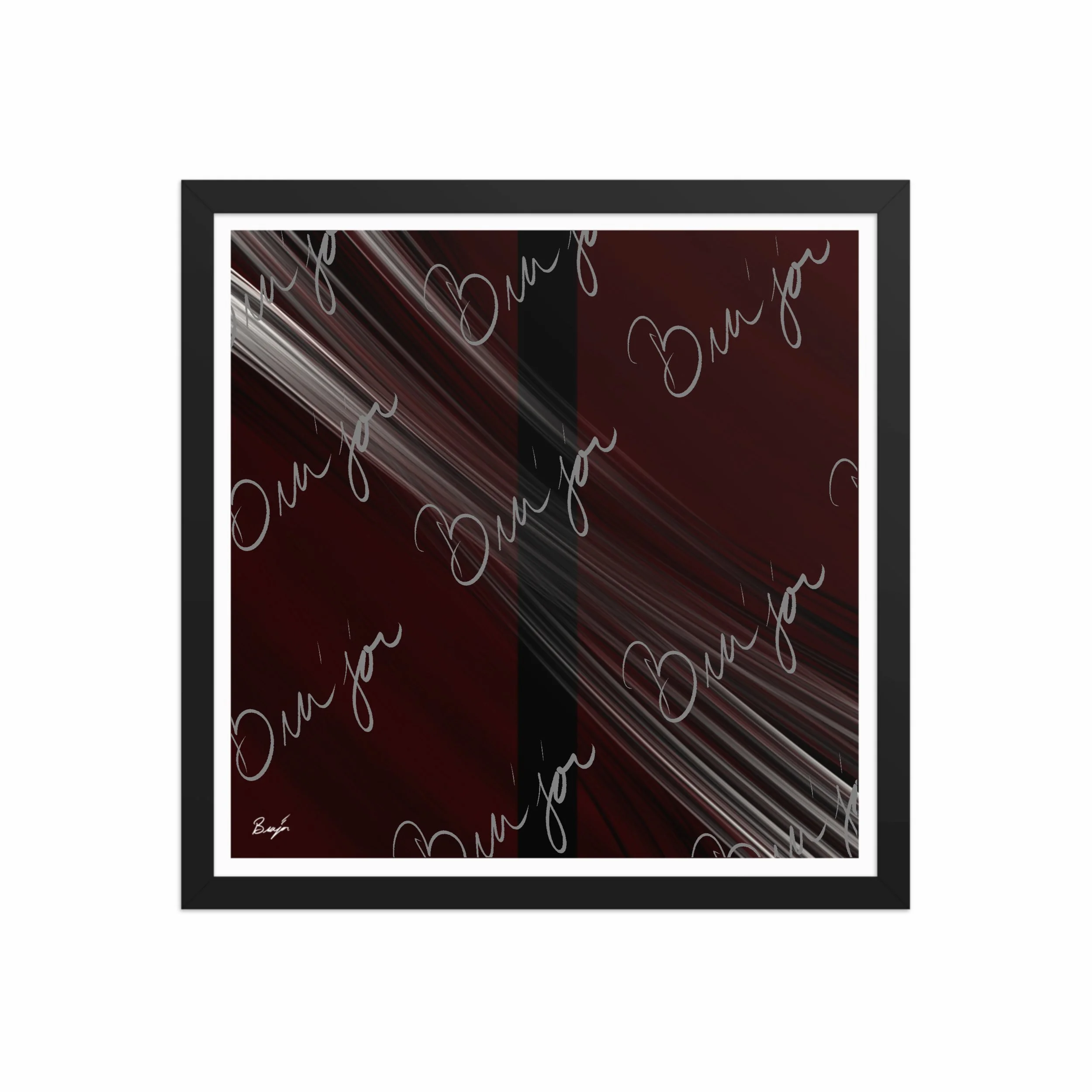 16x16 Black Framed abstract artwork titled Still Standing designed by the digital abstract artist Bra'jor. Artwork includes the colors Maroon, Red, Black, and White