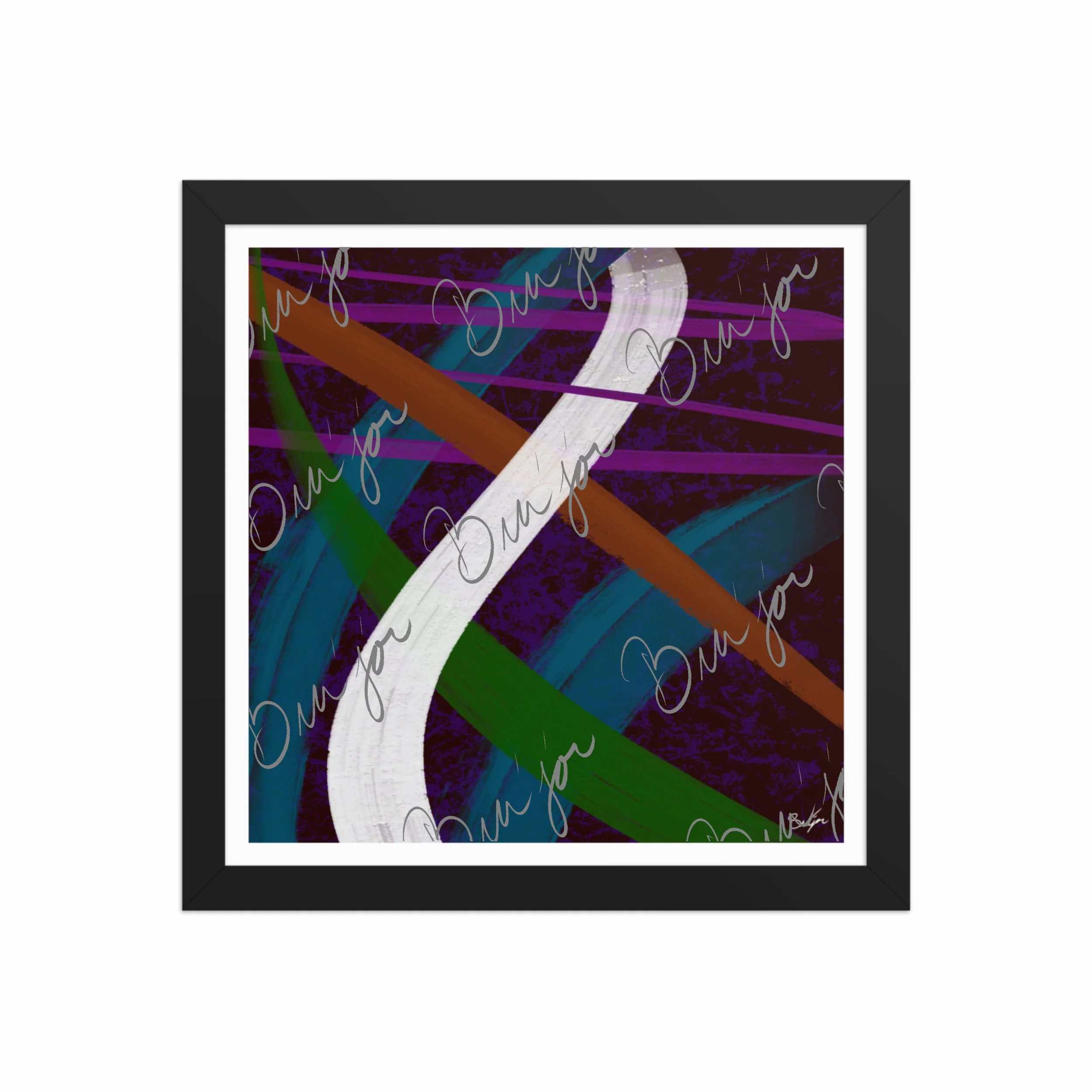 12x12 Black Framed Abstract artwork titled Adventures designed by the digital abstract artist Bra'jor. Artwork includes the colors Purple, Blue, Orange, and White