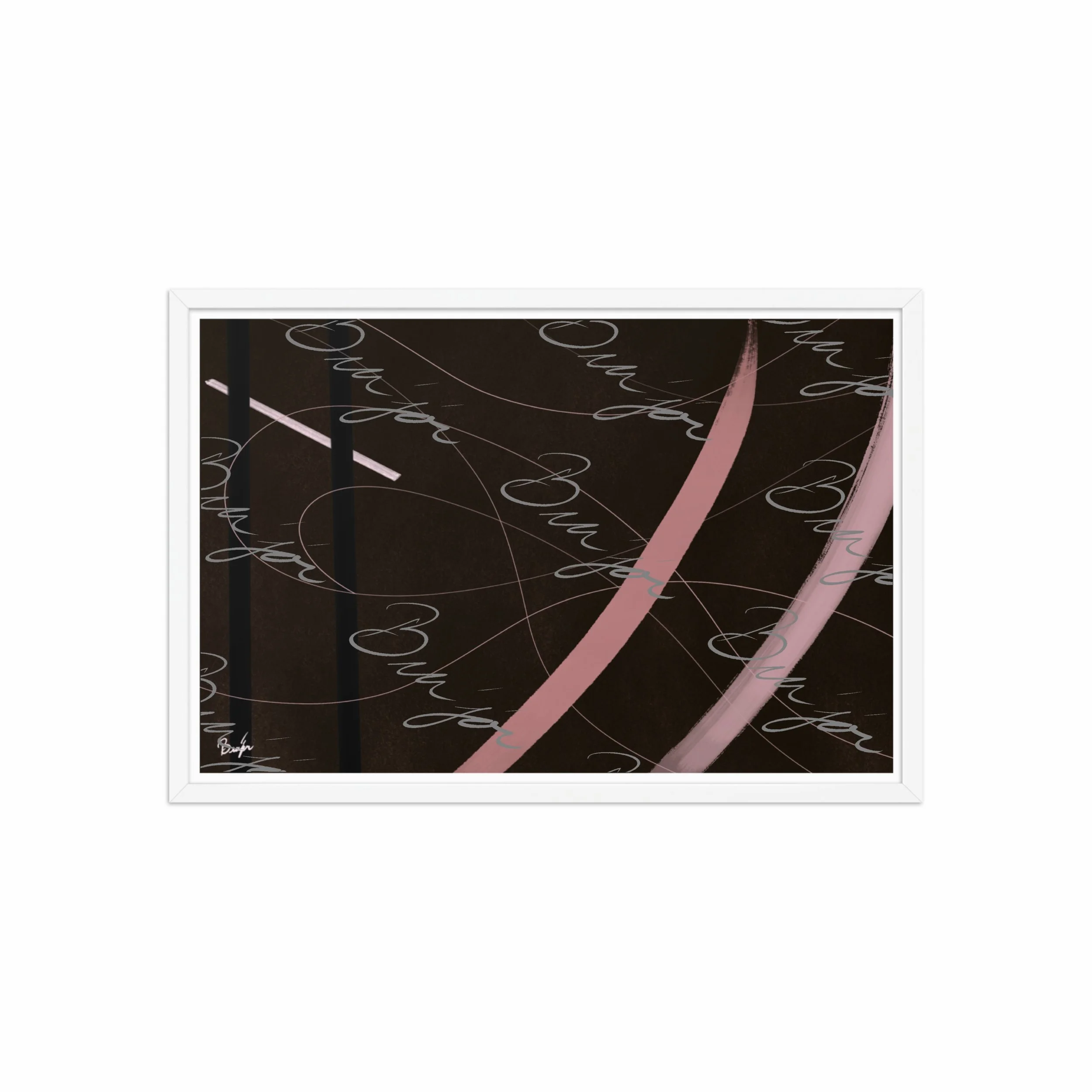 20x30 White Framed abstract artwork titled Beholder designed by the digital abstract artist Bra'jor. Artwork includes the colors Brown, Pink, Black, and White