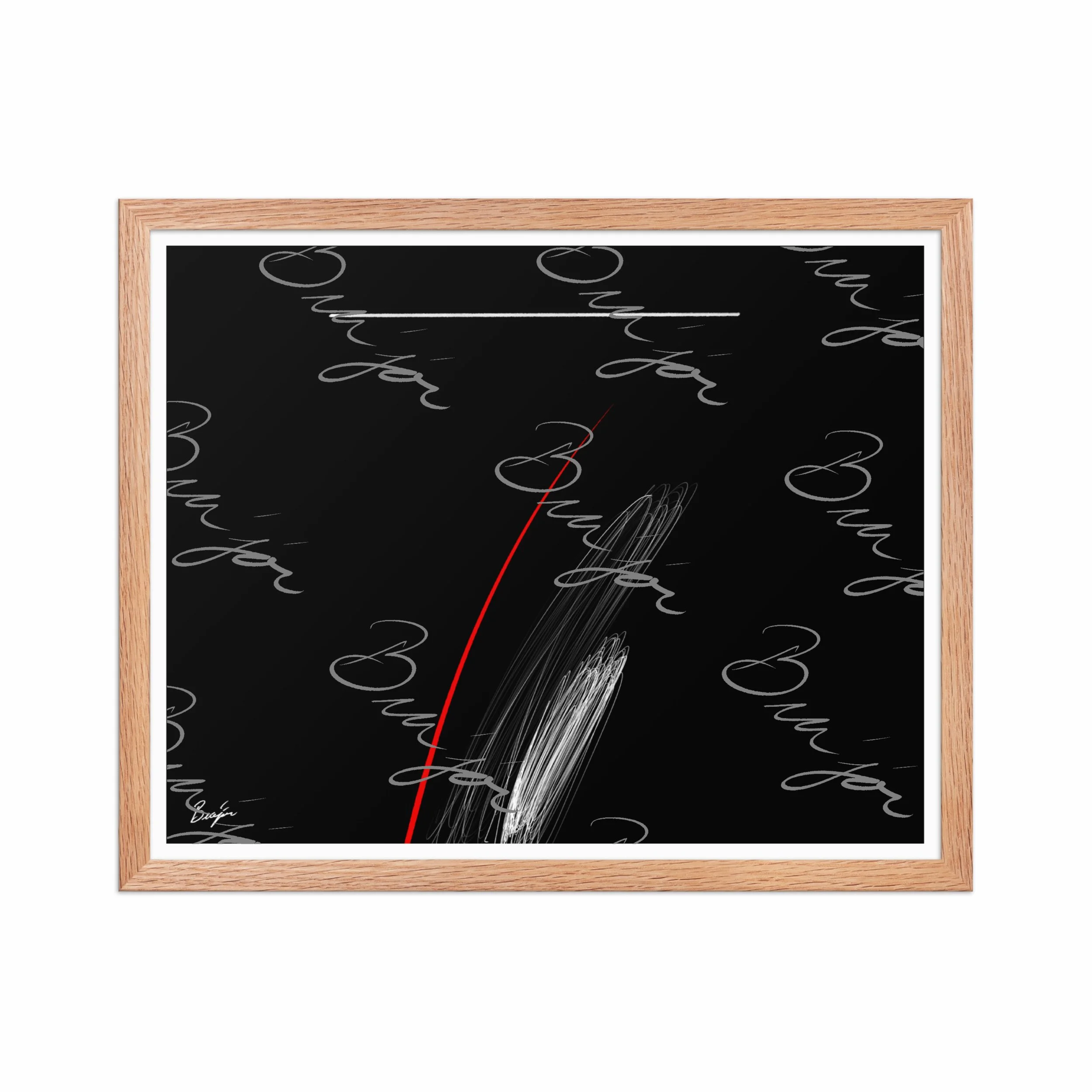 16x20 Red Oak Framed Self Titled Abstract artwork ‘Bra’jor’ designed by the digital abstract artist Bra'jor. Artwork includes the colors Black, Red, and White
