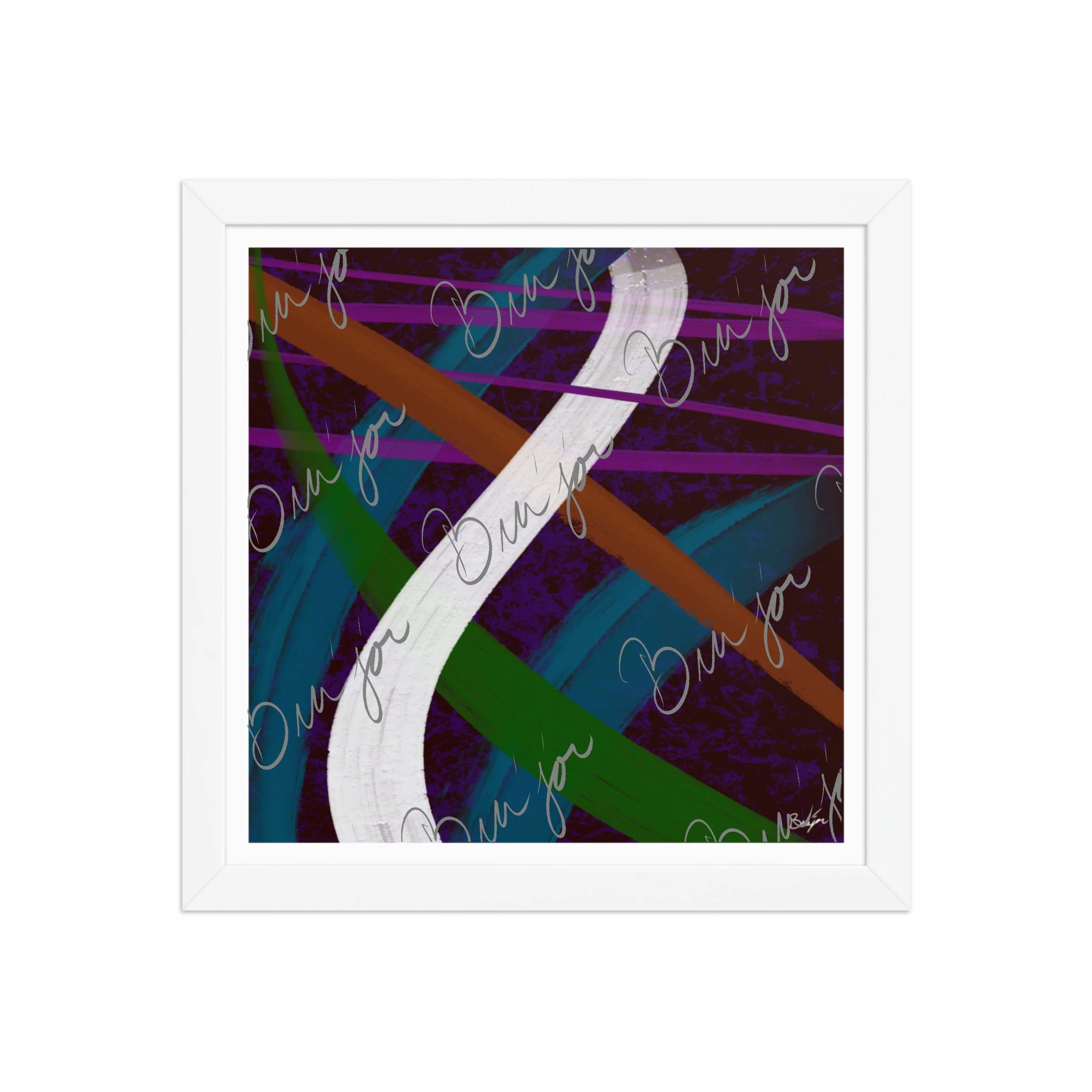 12x12 White Framed Abstract artwork titled Adventures designed by the digital abstract artist Bra'jor. Artwork includes the colors Purple, Blue, Orange, and White