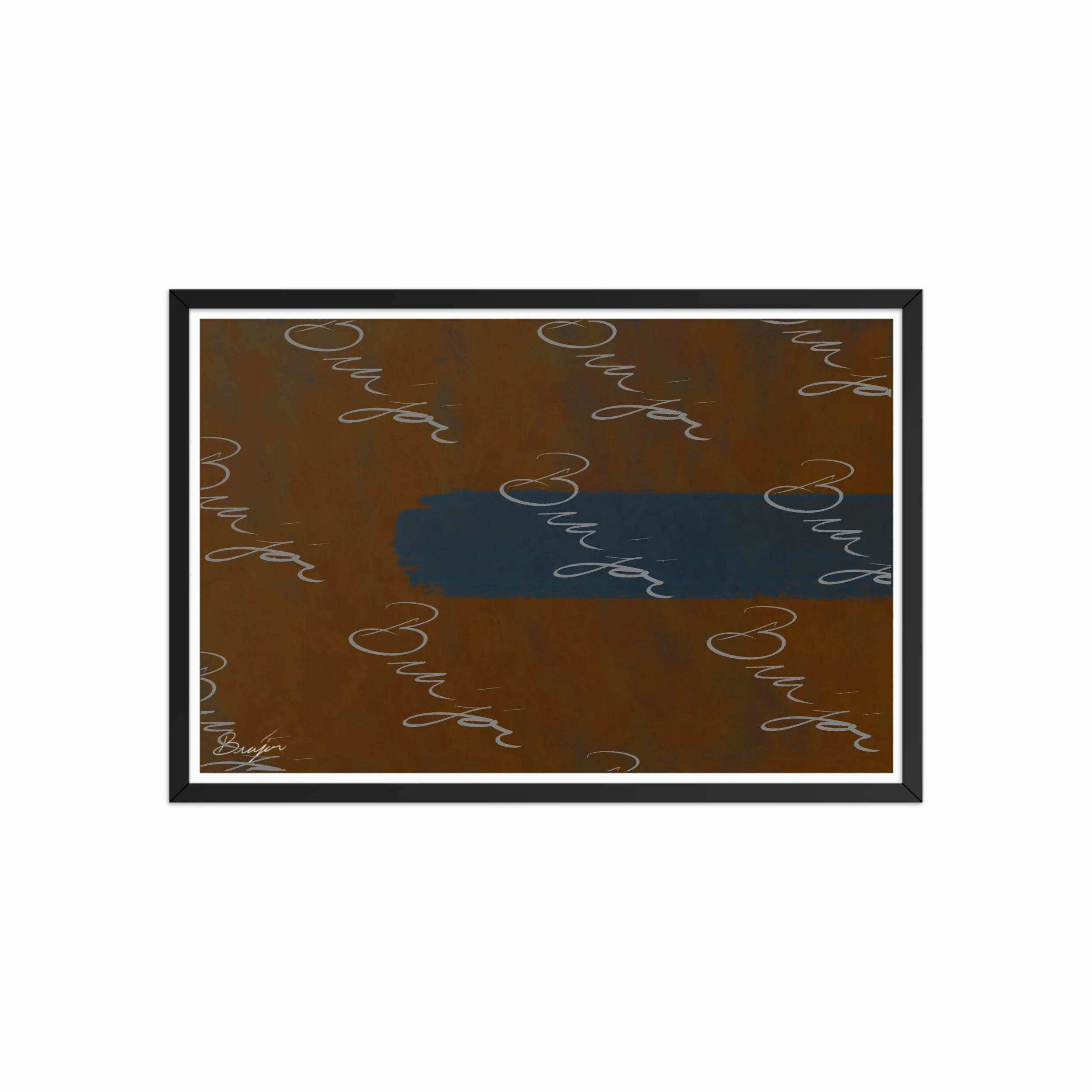 20x30 Black Framed Abstract artwork titled Distraction designed by the digital abstract artist Bra'jor. Artwork includes the colors Brown, Blue, and Orange