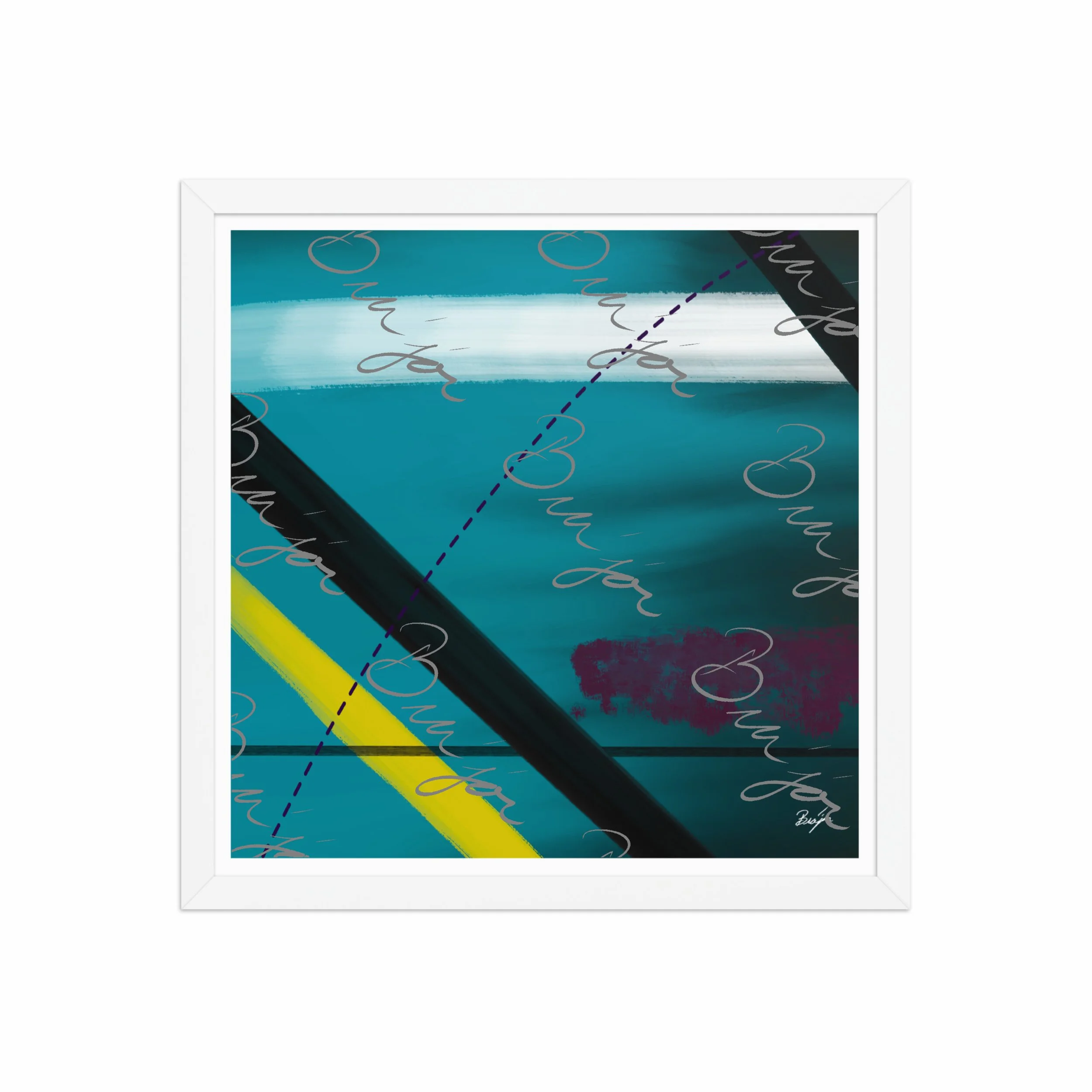 16x16 White Framed Abstract artwork titled First designed by the digital abstract artist Bra'jor. Artwork includes the colors Blue, Yellow, Black, Purple, and White
