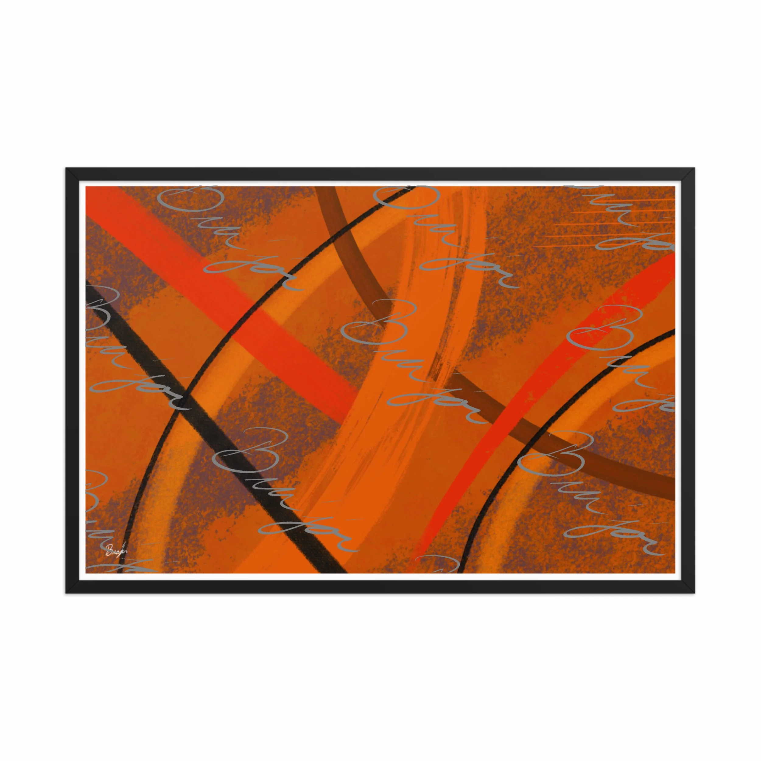 24x36 Black Framed Abstract artwork titled Challenges designed by the digital abstract artist Bra'jor. Artwork includes the colors Orange, Brown, Blue, and Black