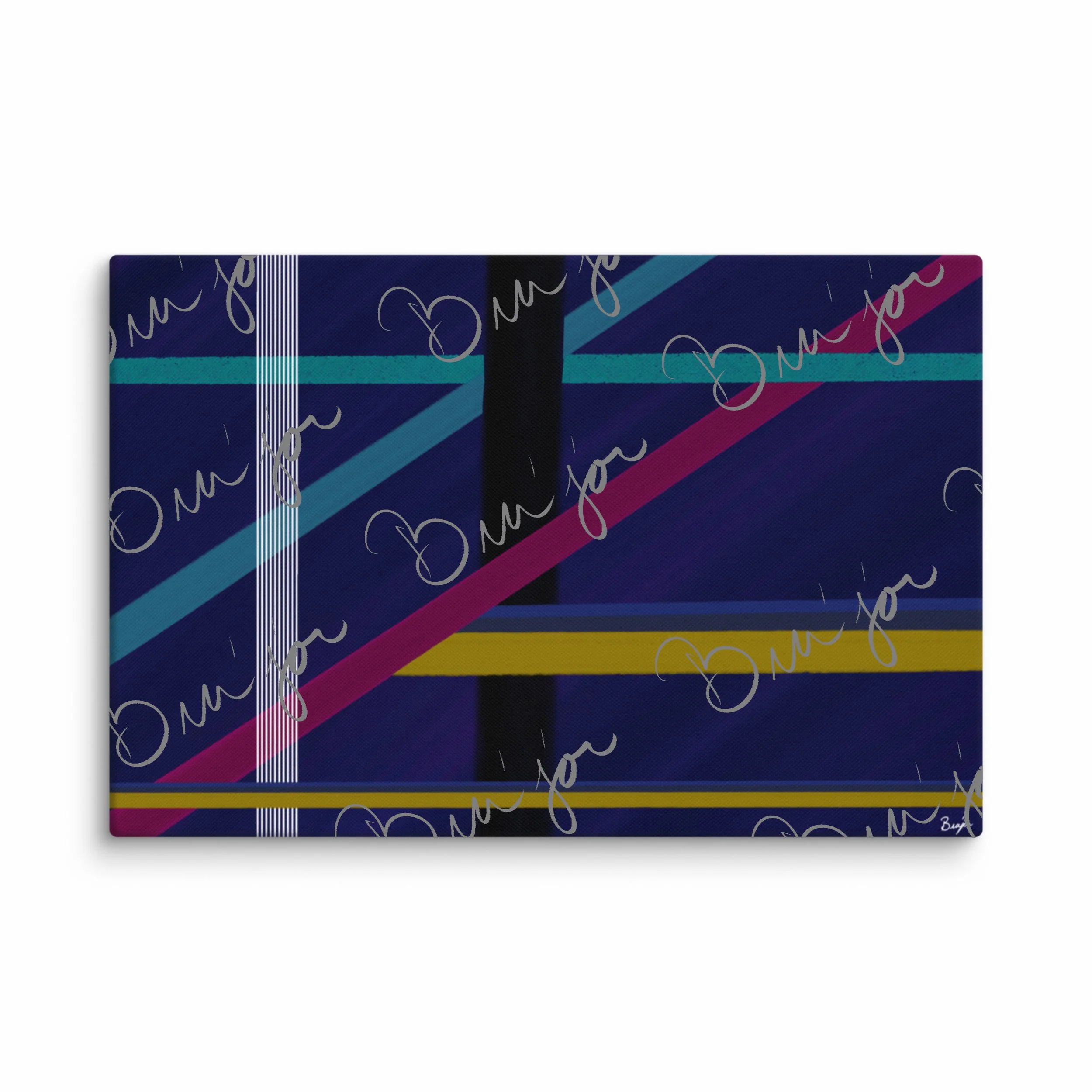24x36 Canvas Abstract artwork titled Destinations designed by the digital abstract artist Bra'jor. Artwork includes the colors Black, Blue, Yellow, Pink, and White