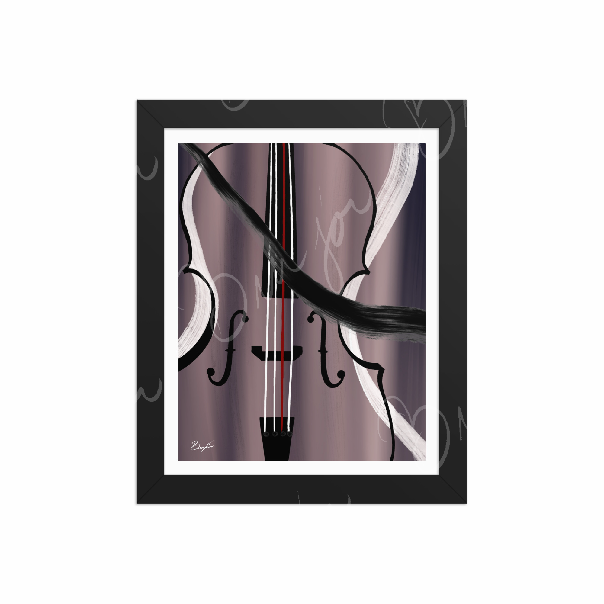 8x10 Black Framed Abstract artwork titled First Love designed by the digital abstract artist Bra'jor. Artwork includes the colors Black, White, Gray, violet, Mauve, and Red