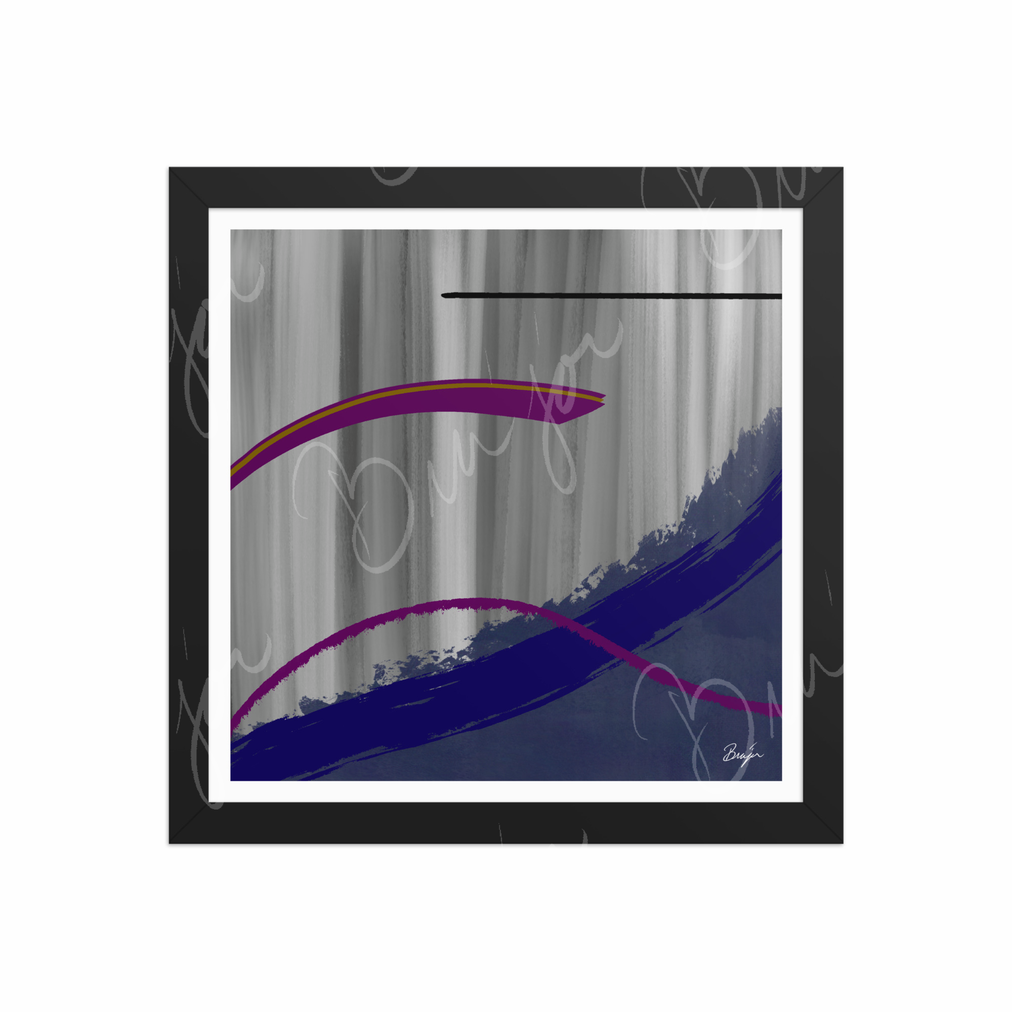 12x12 Black Framed Abstract artwork titled Reworking designed by the digital abstract artist Bra'jor. Artwork includes the colors Purple, Gray, Blue, Mustard Yellow, and Black