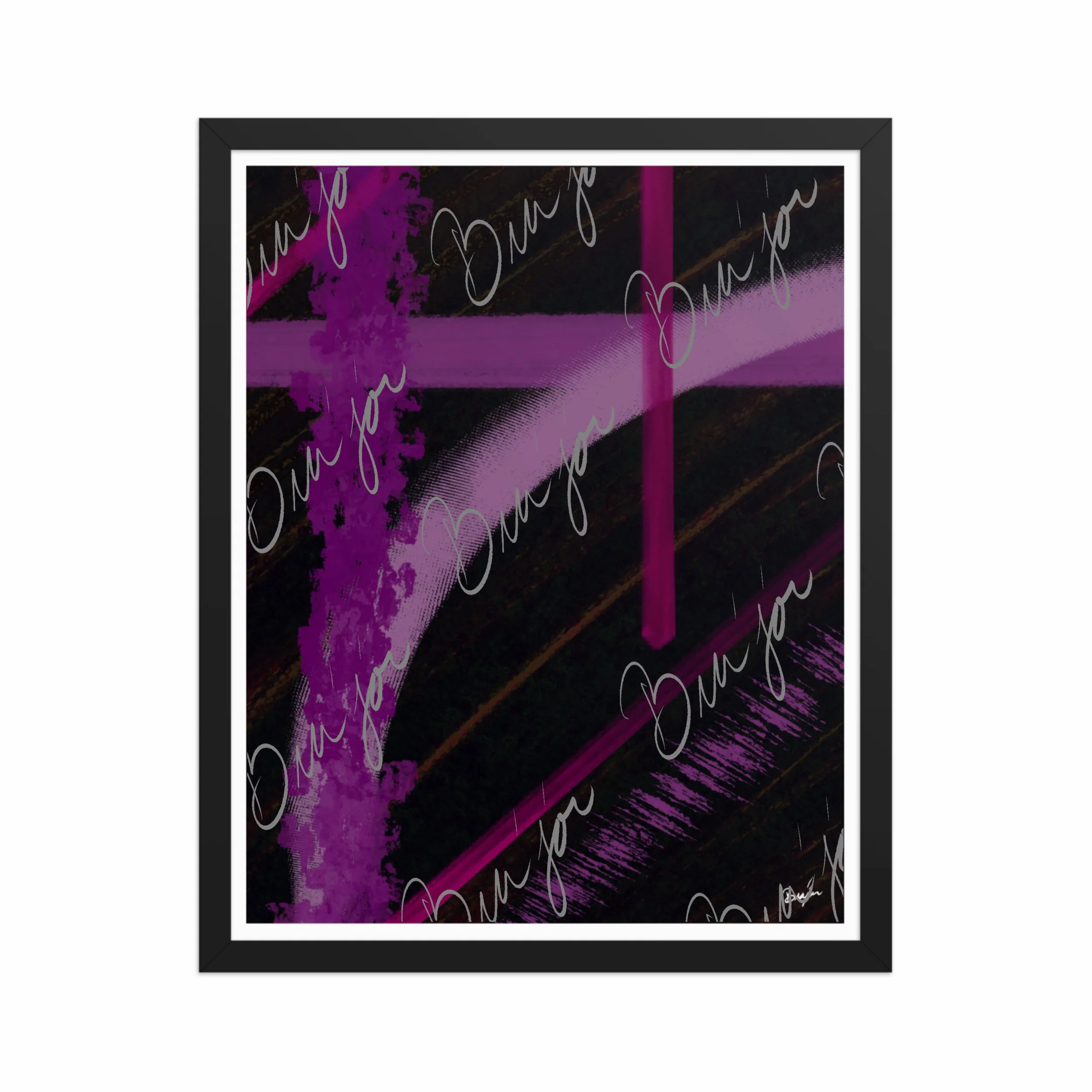 16x20 Black Framed Abstract artwork titled Be Soft designed by the digital abstract artist Bra'jor. Artwork includes the colors Purple, Lavender, Pink, Orange, and Black