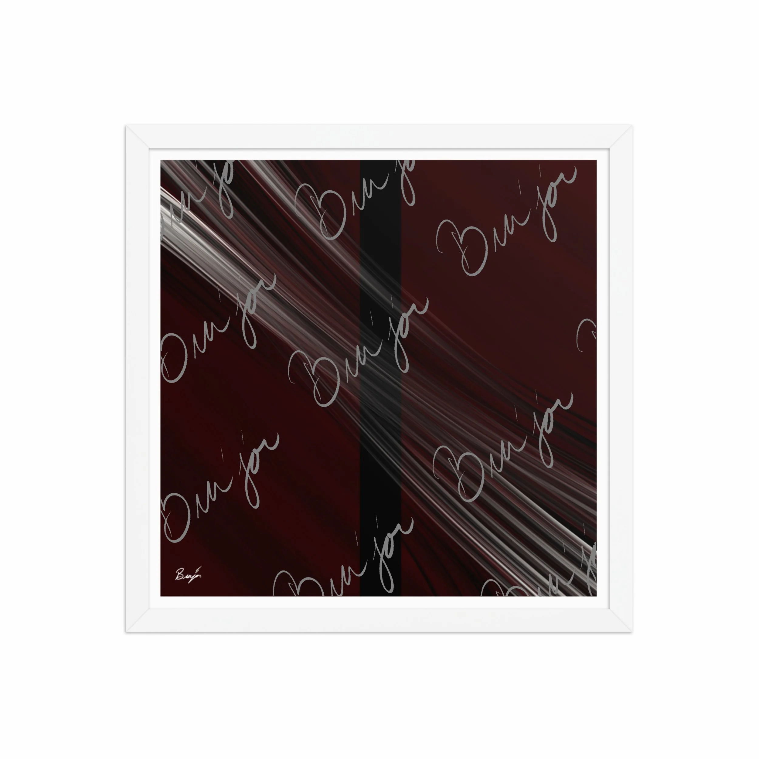 16x16 White Framed abstract artwork titled Still Standing designed by the digital abstract artist Bra'jor. Artwork includes the colors Maroon, Red, Black, and White