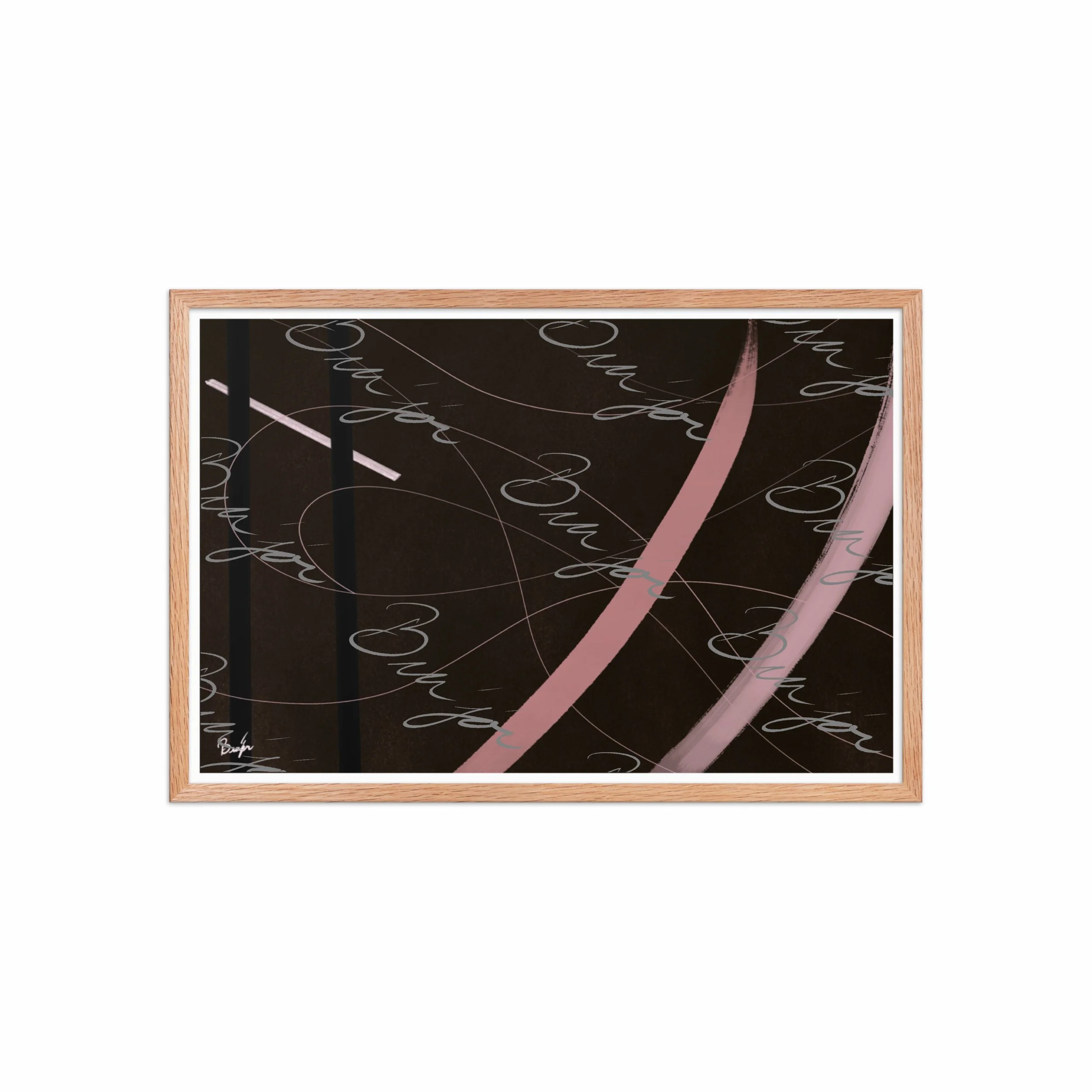 20x30 Red Oak Framed abstract artwork titled Beholder designed by the digital abstract artist Bra'jor. Artwork includes the colors Brown, Pink, Black, and White