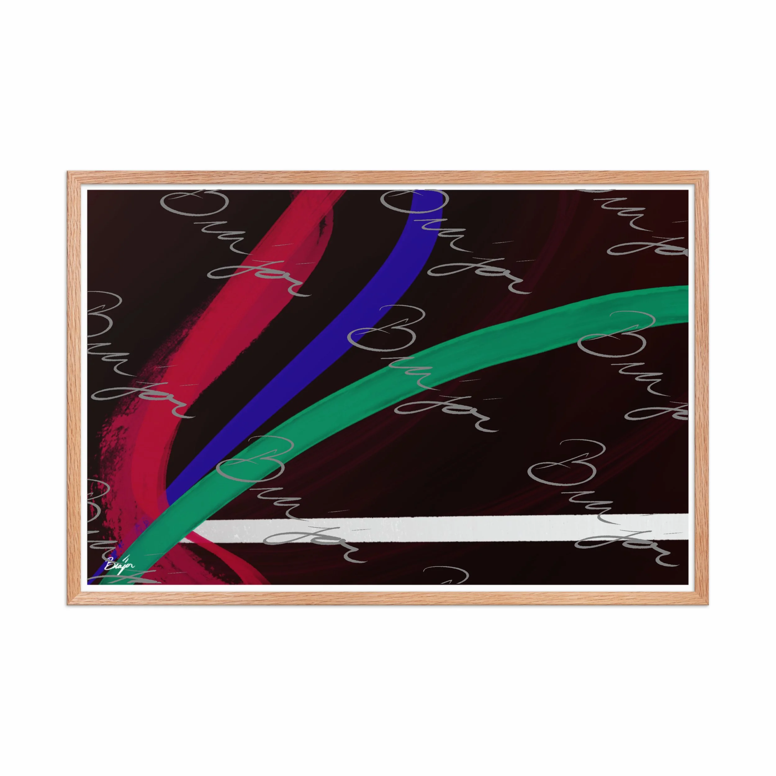 24x36 Red Oak Framed Abstract artwork titled Journey designed by the digital abstract artist Bra'jor. Artwork includes the colors Red, White, Green, and Blue