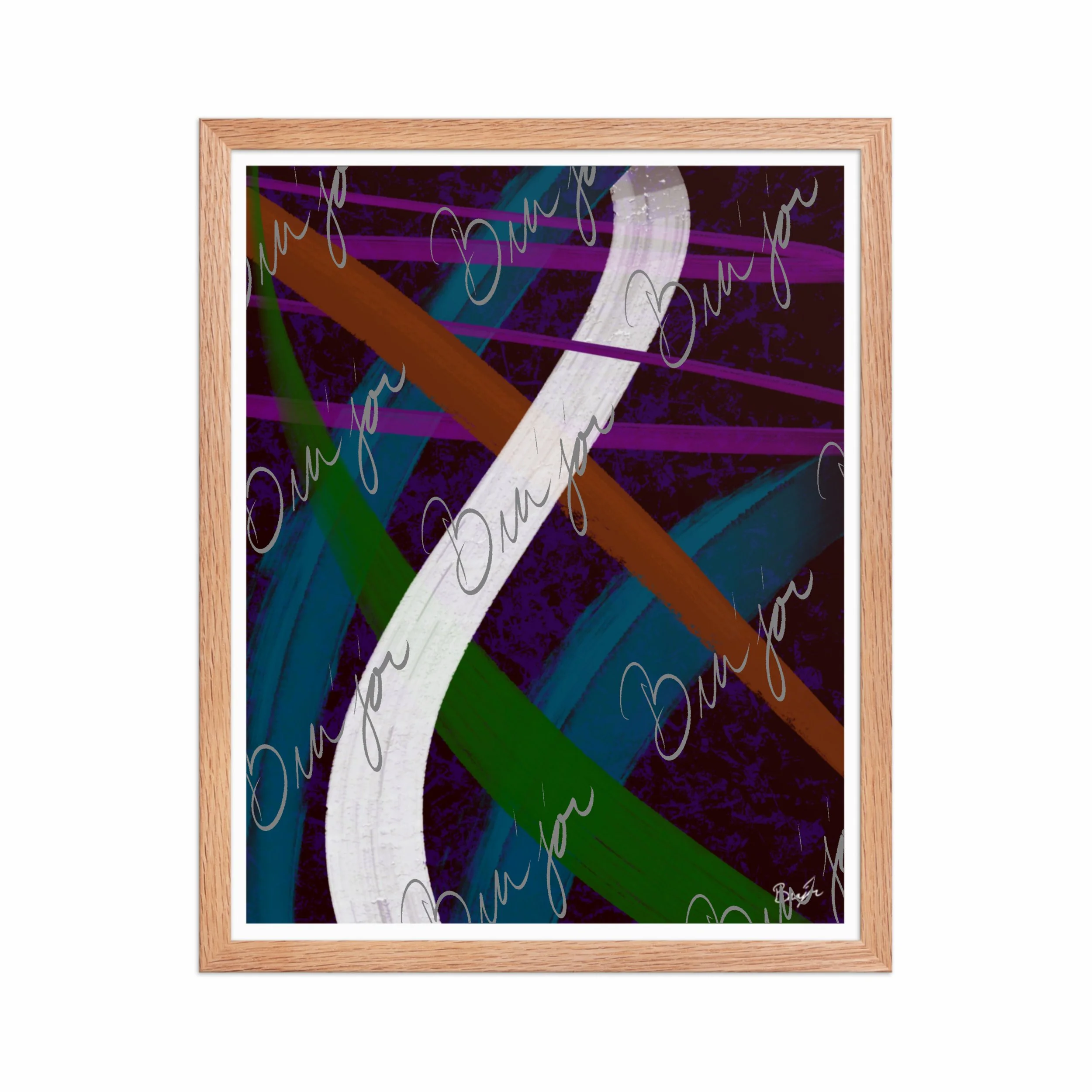 16x20 Red Oak Framed Abstract artwork titled Adventures designed by the digital abstract artist Bra'jor. Artwork includes the colors Purple, Blue, Orange, and White