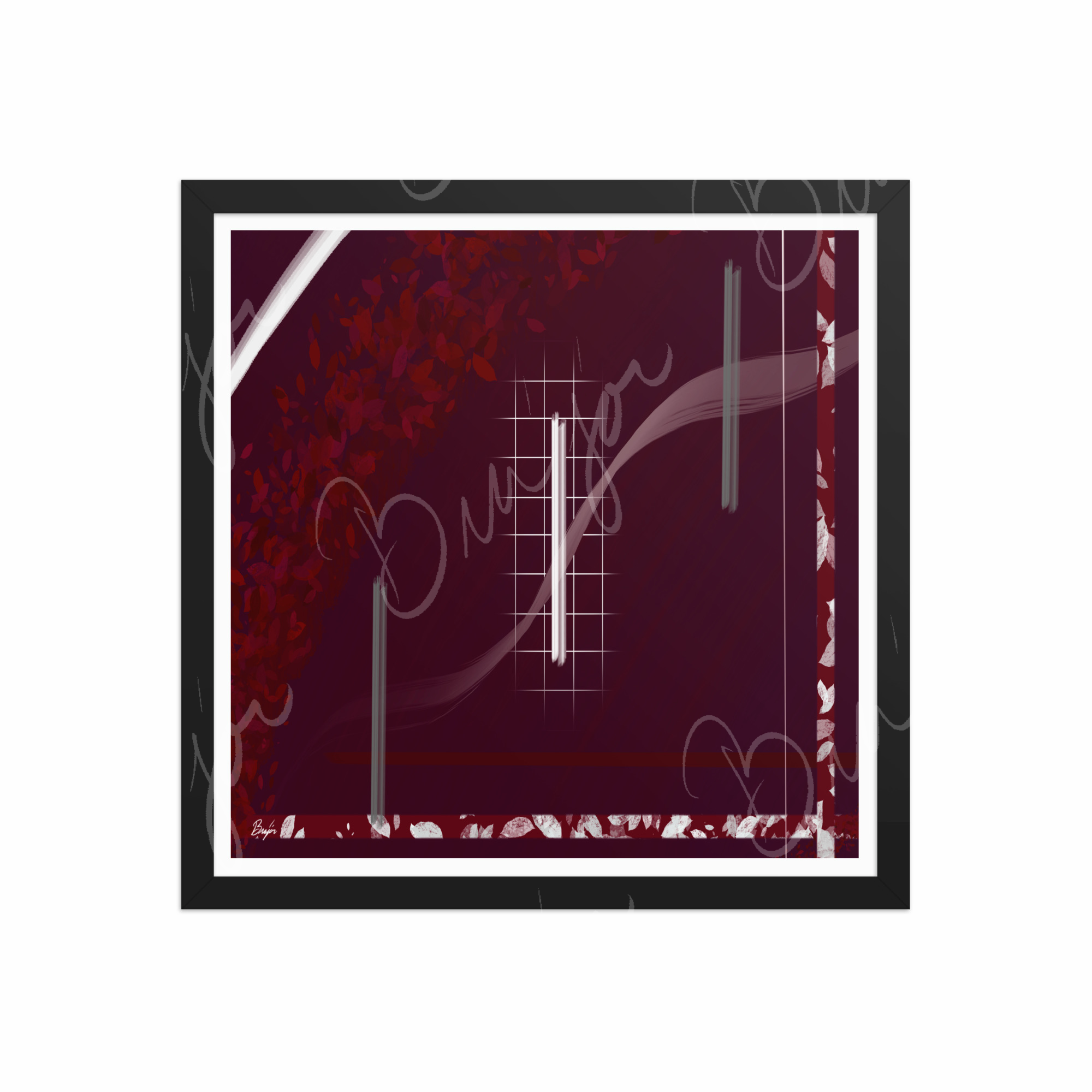 16x16 Black Framed Abstract artwork titled Shine designed by the digital abstract artist Bra'jor. Artwork includes the colors Red, Gray, Maroon, White, and Soft Pink