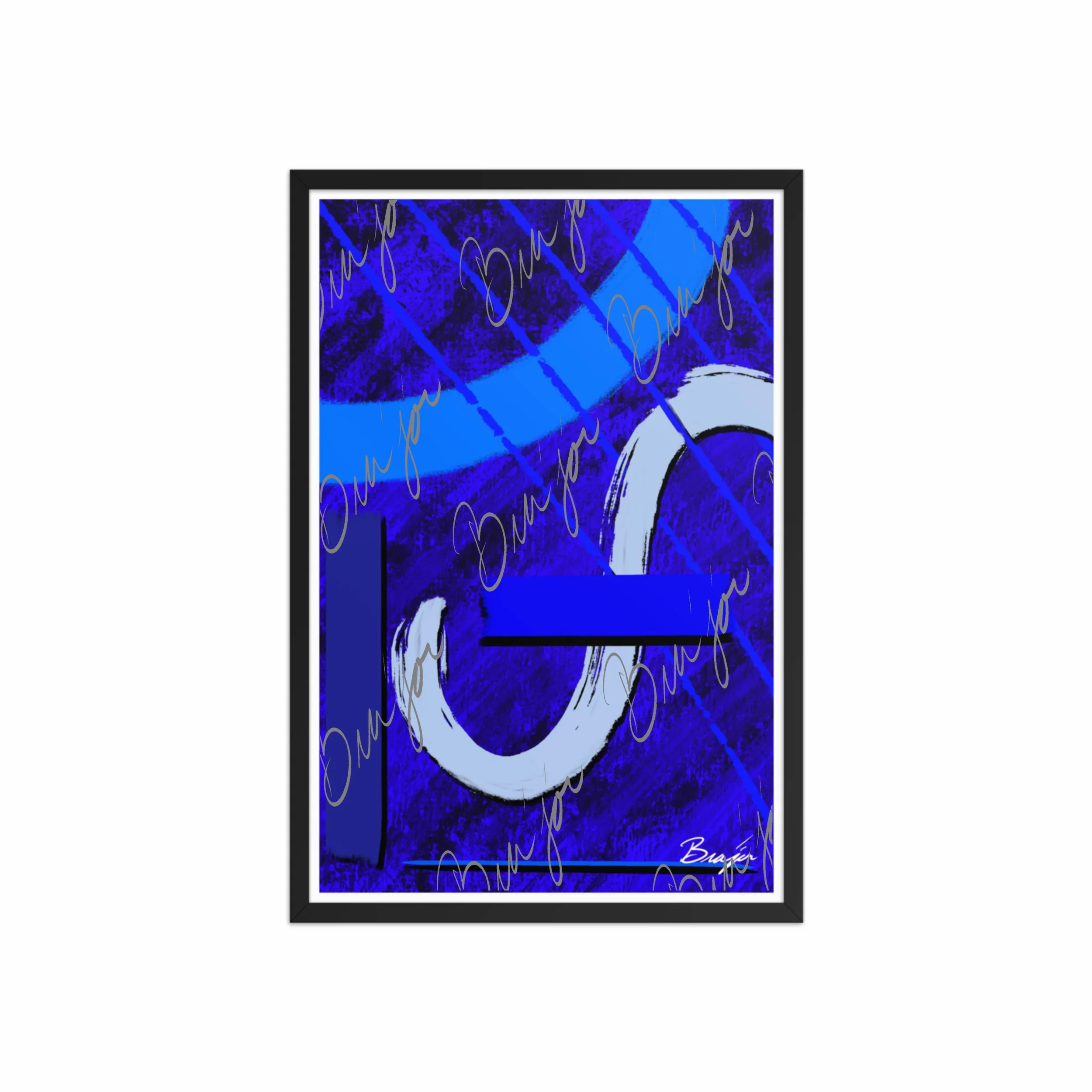 20x30 Black Abstract artwork titled Undone designed by the digital abstract artist Bra'jor. Artwork includes the colors Blue, Black, Misty Blue, and Navy