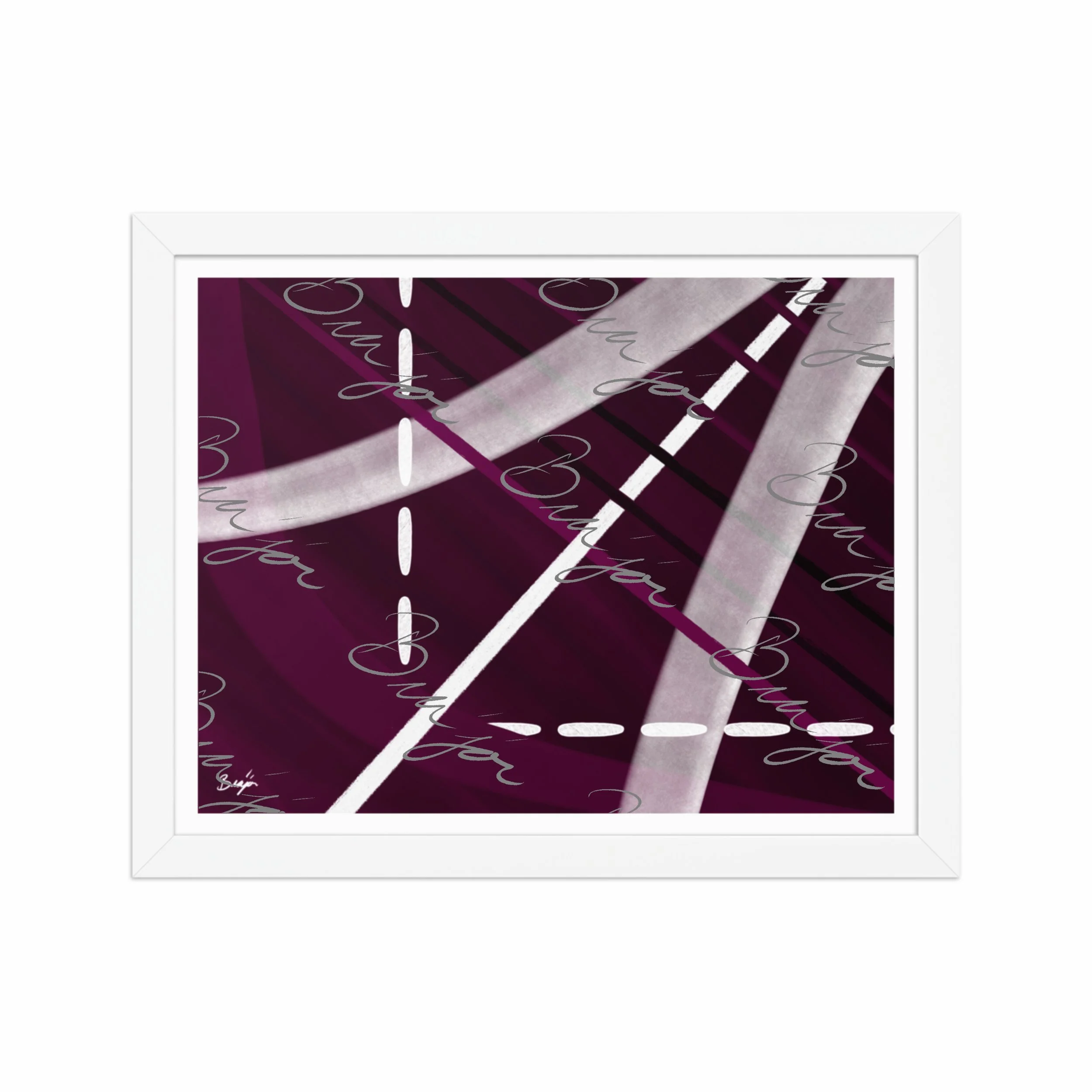 11x14 White Framed abstract artwork titled Tuning designed by the digital abstract artist Bra'jor. Artwork includes the colors Purple, Black, Gray, and White