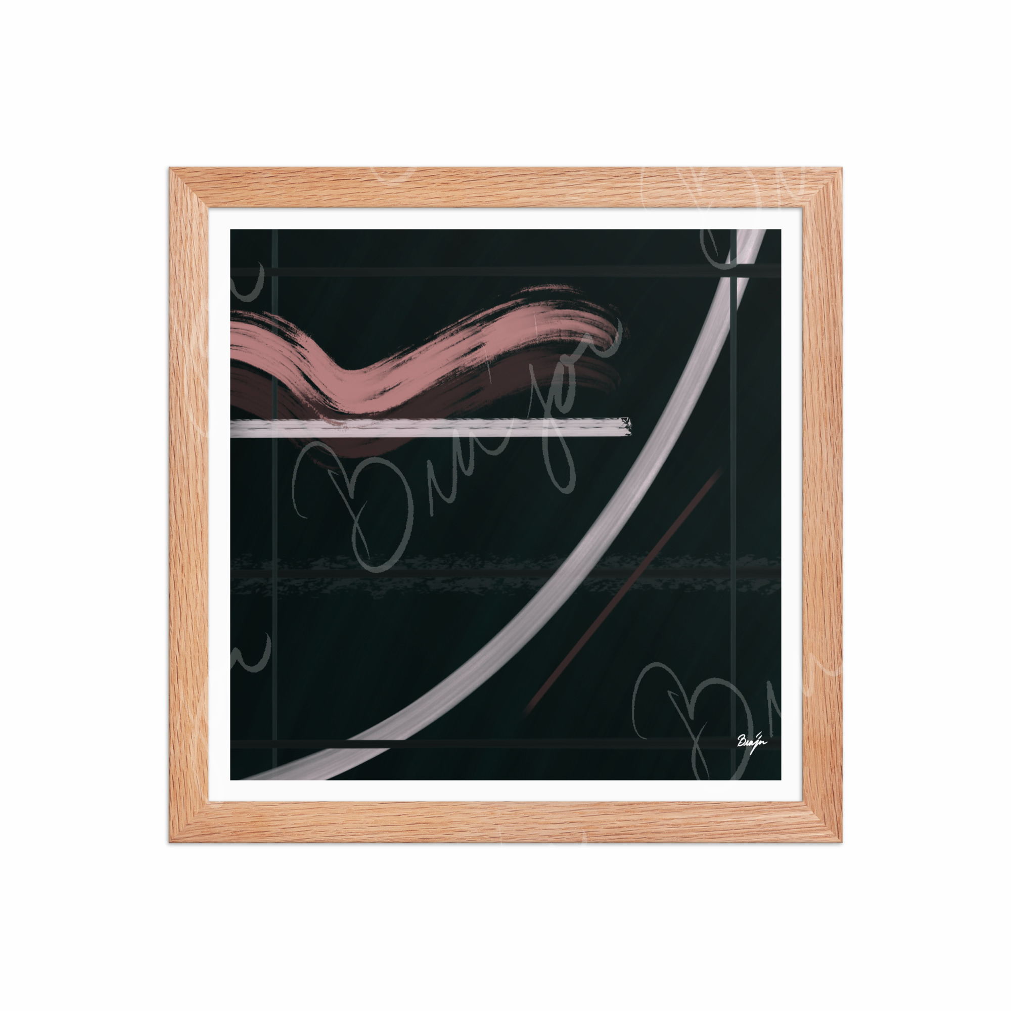 12x12 Red Oak Framed Abstract artwork titled Together designed by the digital abstract artist Bra'jor. Artwork includes the colors Brown, Pink, Green, and White