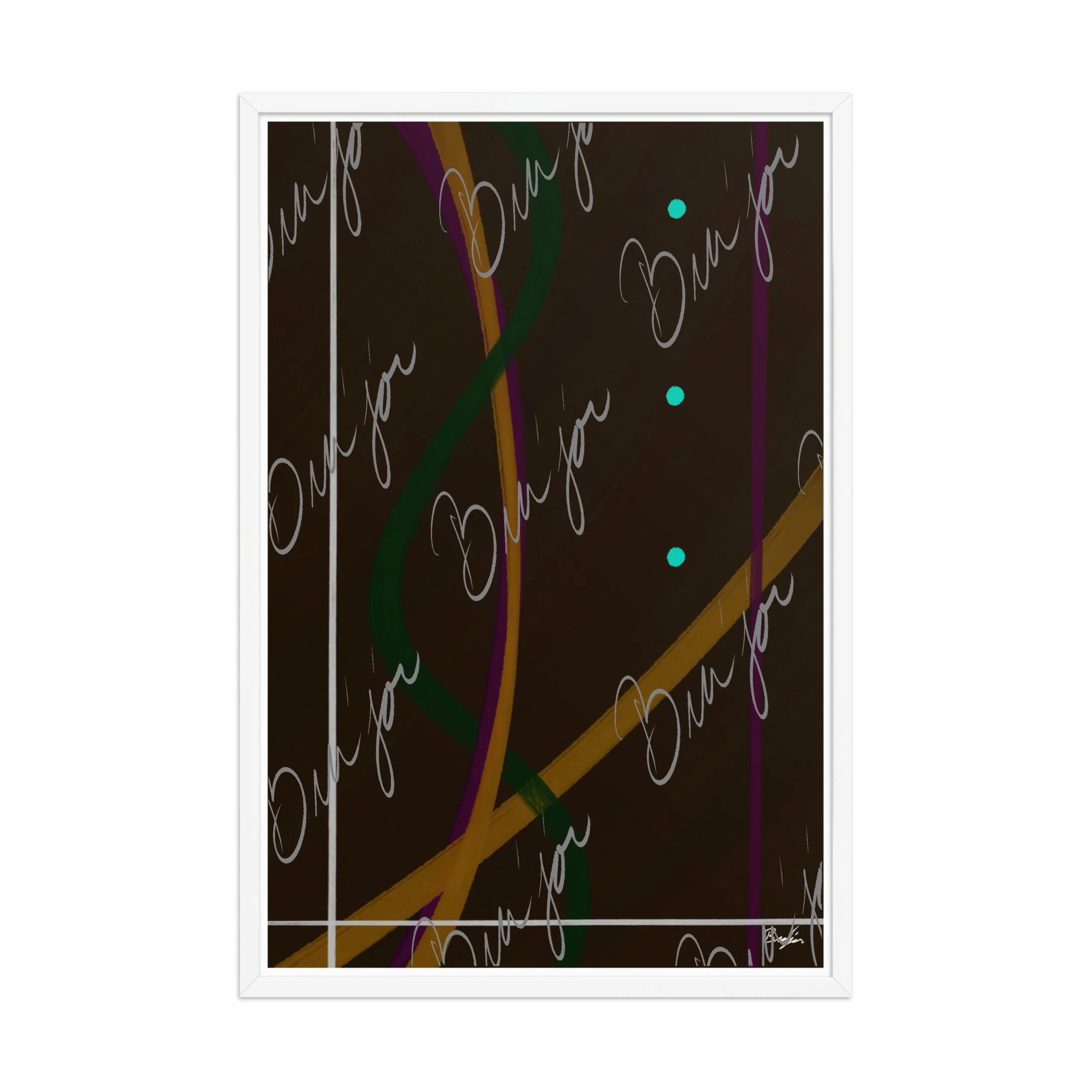 24x36 White Framed Abstract artwork titled Button Up designed by the digital abstract artist Bra'jor. Artwork includes the colors Orange, Purple, Green, White, and Brown