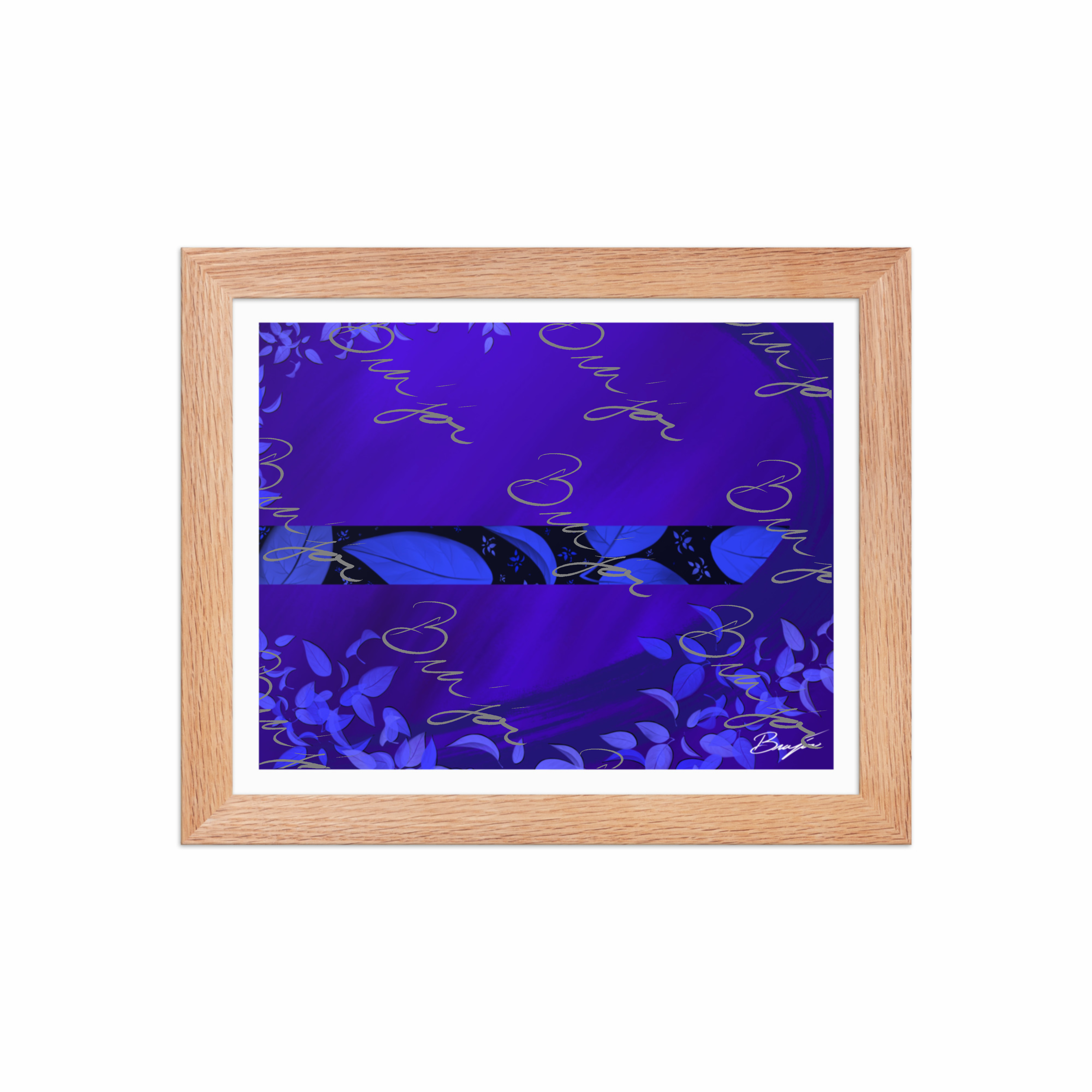 8x10 Red Oak Framed abstract artwork titled A Moment designed by the digital abstract artist Bra'jor. Artwork includes the colors Blue, Black, and Purple