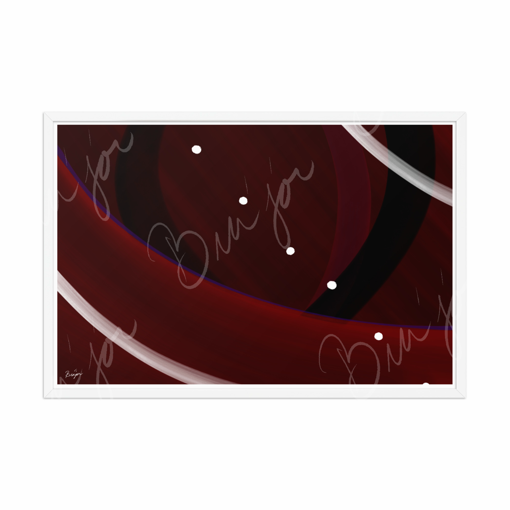 24x36 White  Framed Abstract artwork titled Trail Back designed by the digital abstract artist Bra'jor. Artwork includes the colors Red, Black, Purple, and White