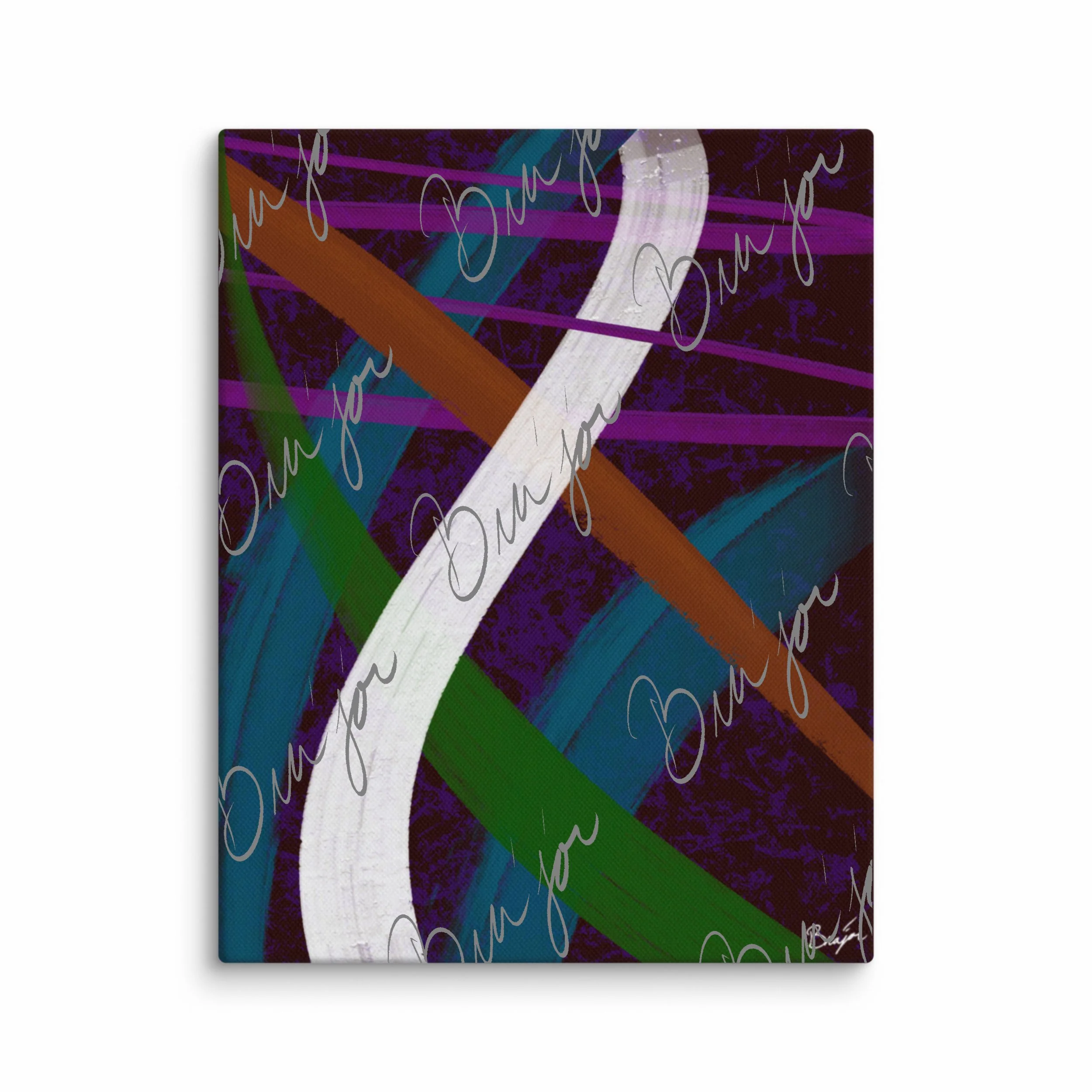 11x14 Canvas abstract artwork titled Adventures designed by the digital abstract artist Bra'jor. Artwork includes the colors Purple, Blue, Orange, and White