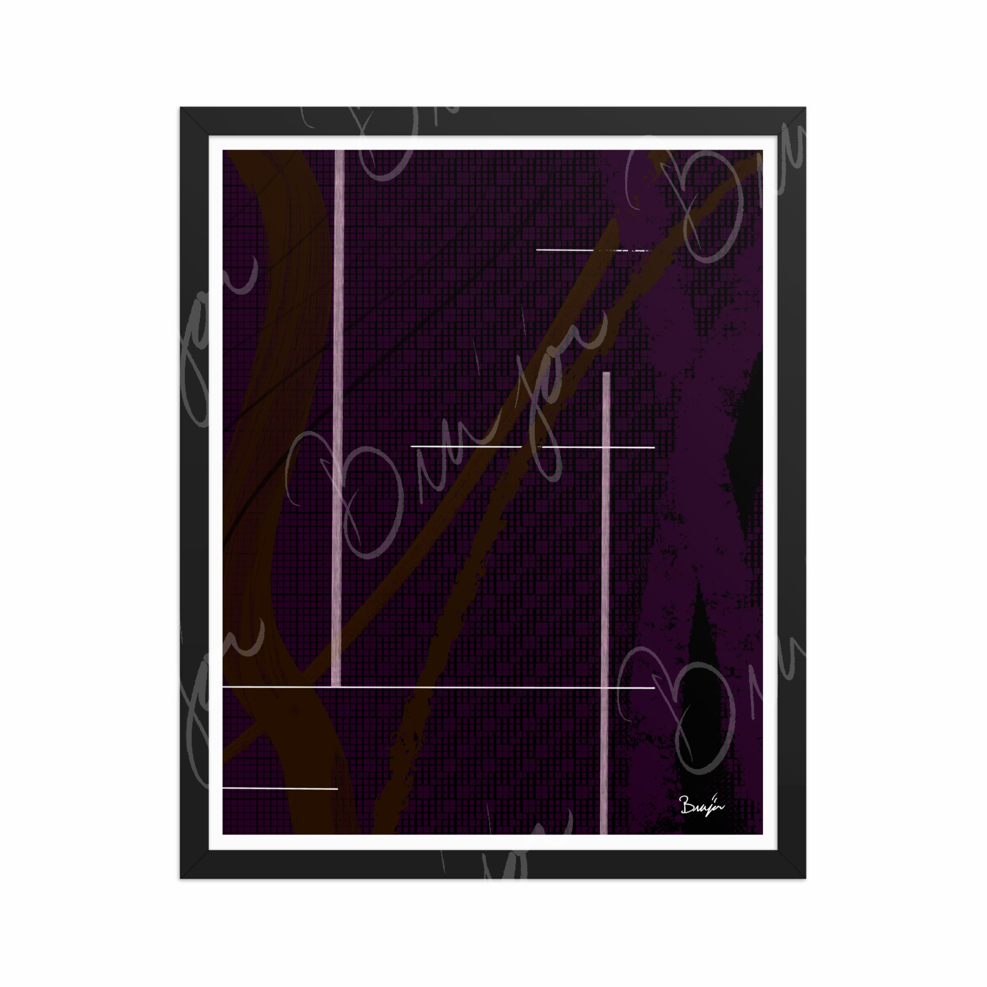 16x20 Black Framed Abstract artwork titled Out of the Box designed by the digital abstract artist Bra'jor. Artwork includes the colors Purple, Brown, Black, and White
