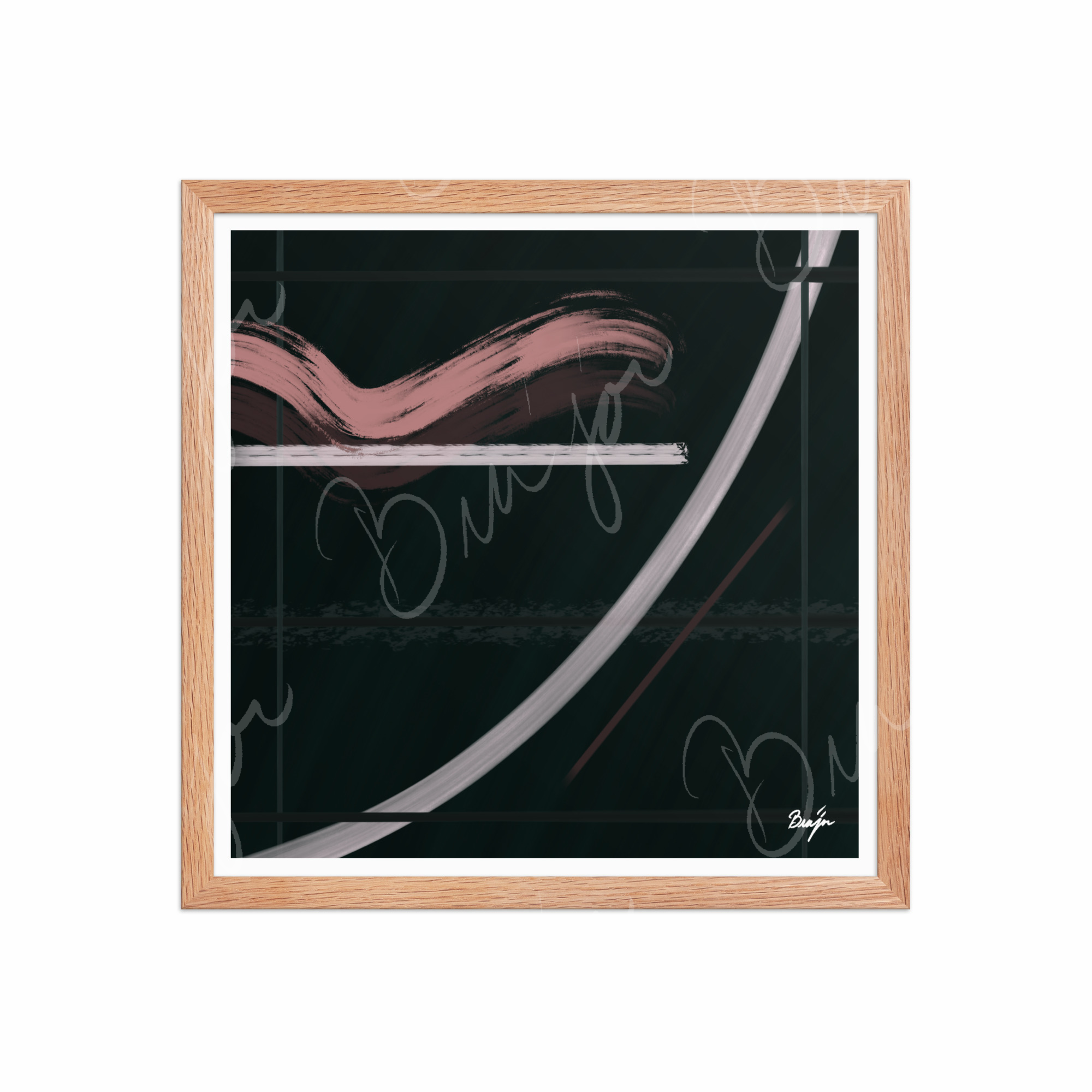 16x16 Red Oak Framed Abstract artwork titled Together designed by the digital abstract artist Bra'jor. Artwork includes the colors Brown, Pink, Green, and White