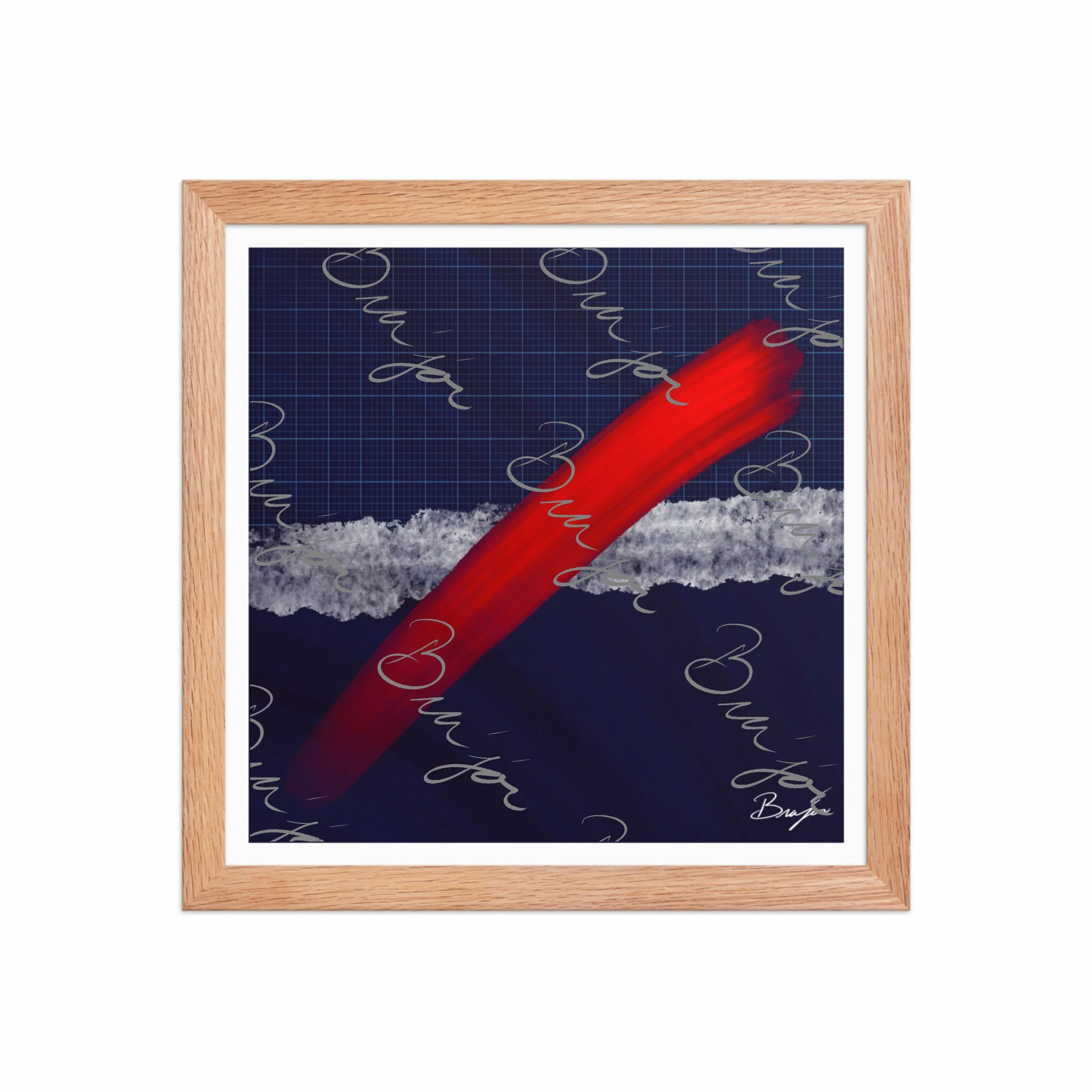 12x12 Red Oak Framed abstract artwork titled Strike designed by the digital abstract artist Bra'jor. Artwork includes the colors Red, Blue, white, and Gray