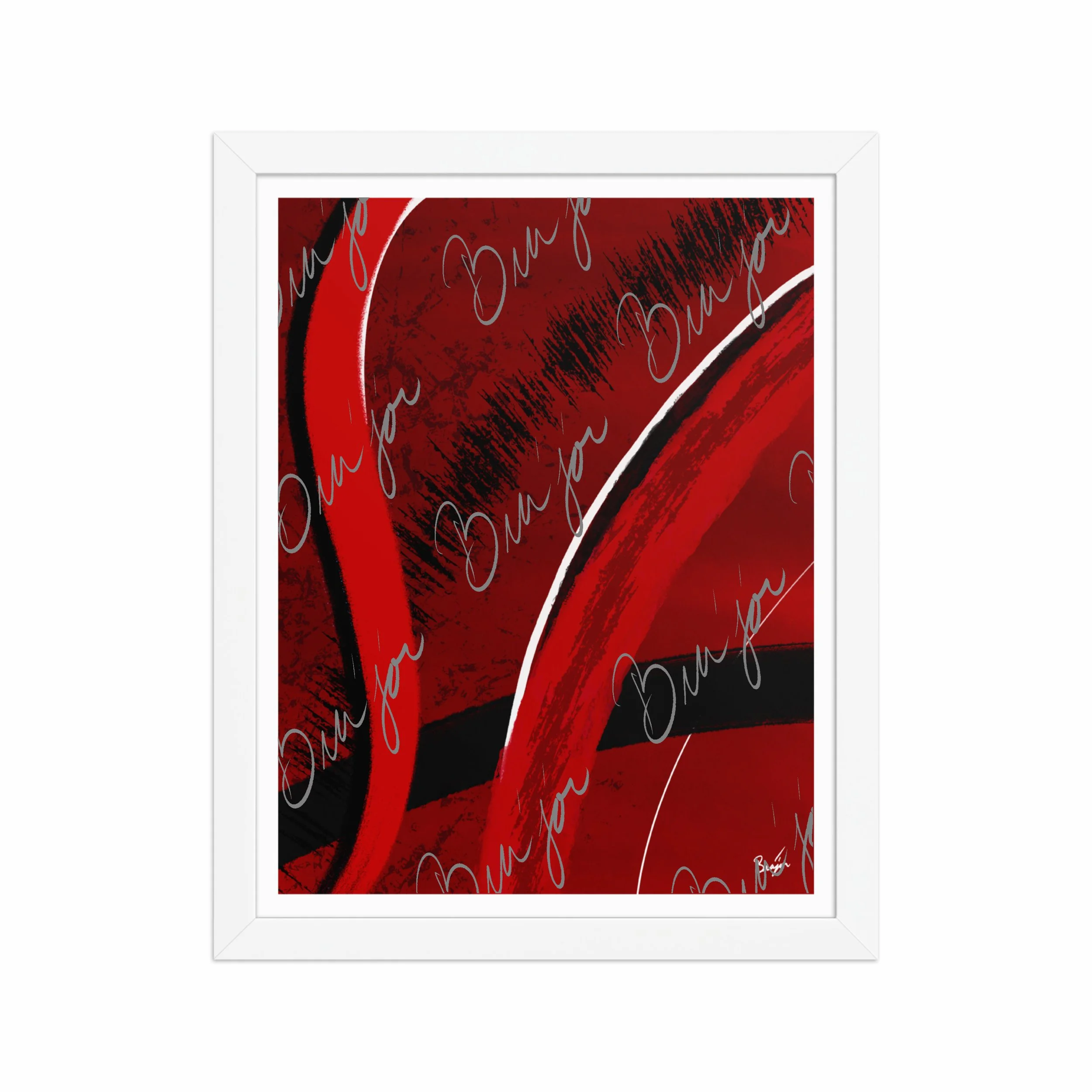 11x14 White Framed Abstract artwork titled Feel designed by the digital abstract artist Bra'jor. Artwork includes the colors Red, Black, Blue, and White