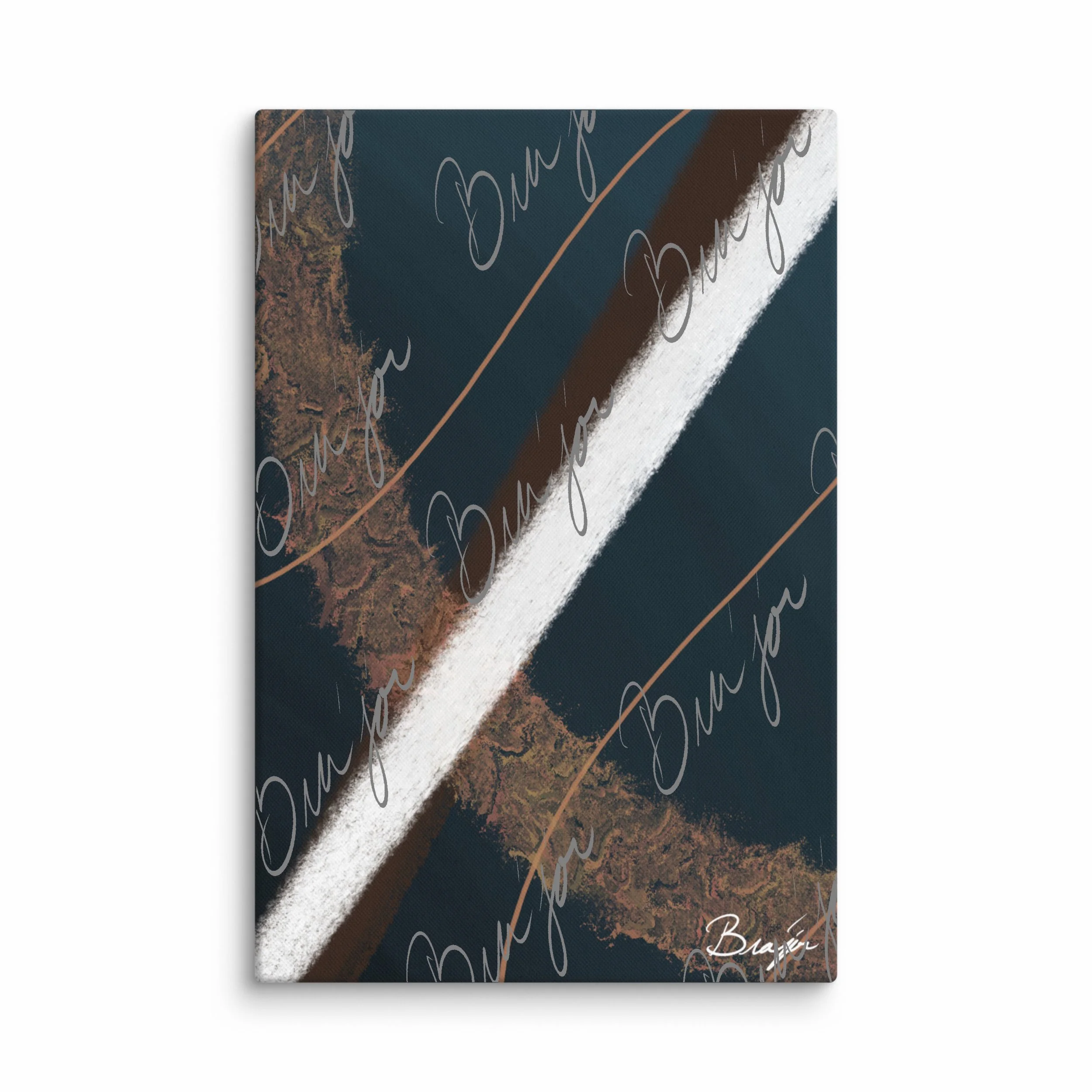 40x60 Abstract canvas artwork titled Down designed by the digital abstract artist Bra'jor. Artwork includes the colors Blue, Brown, White, Tan, and Gray