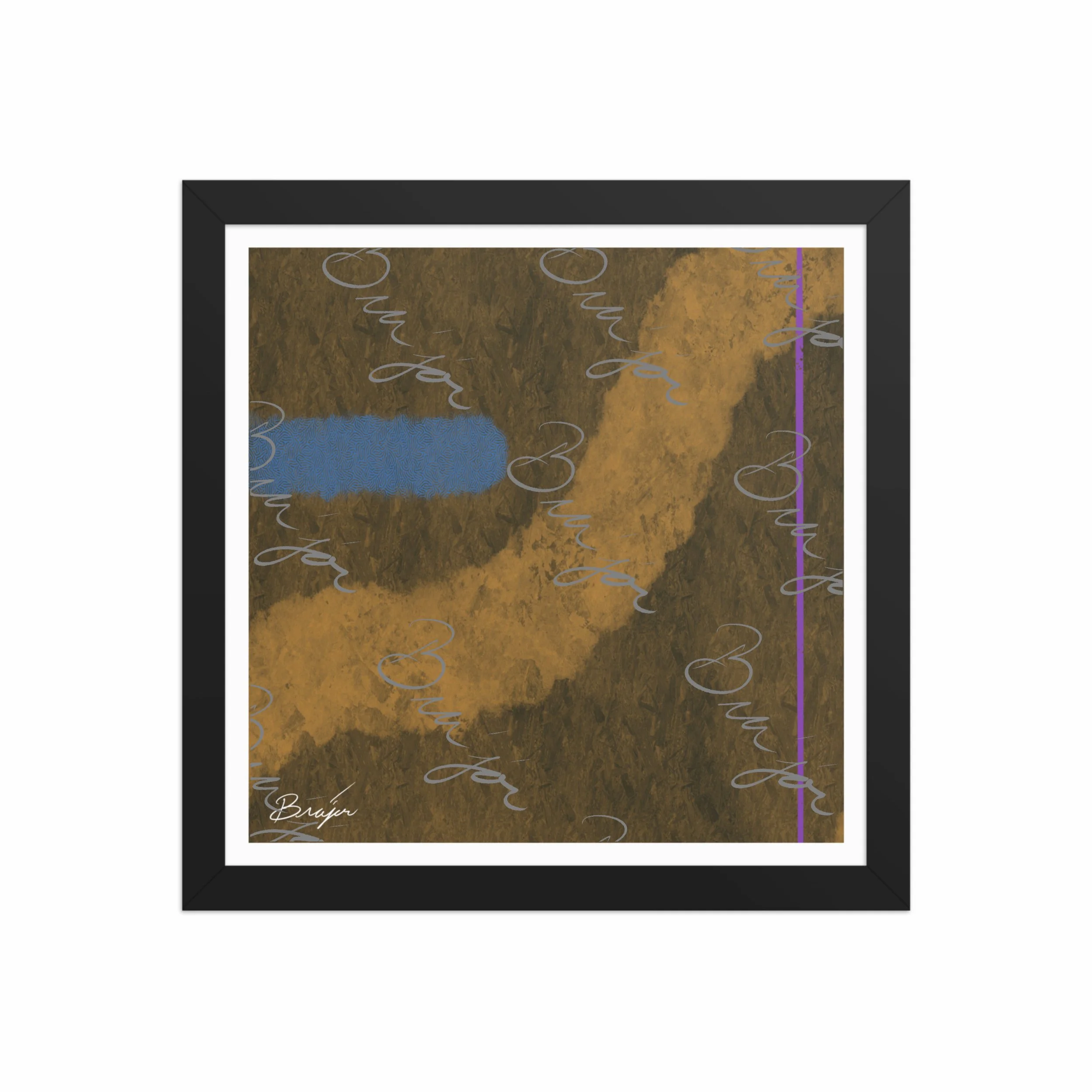 12x12 Black Framed abstract artwork titled Gentle designed by the digital abstract artist Bra'jor. Artwork includes the colors Blue, Brown, Tan, Dark Green, and Purple