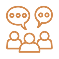 Icon of three people with speech bubbles indicating conversation or discussion.