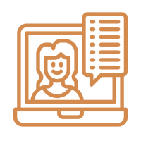 Line drawing of a person's face on a computer monitor with a speech bubble and a list icon.