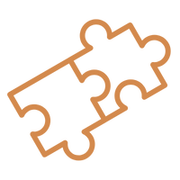 Two interconnected jigsaw puzzle pieces in a brown outline.